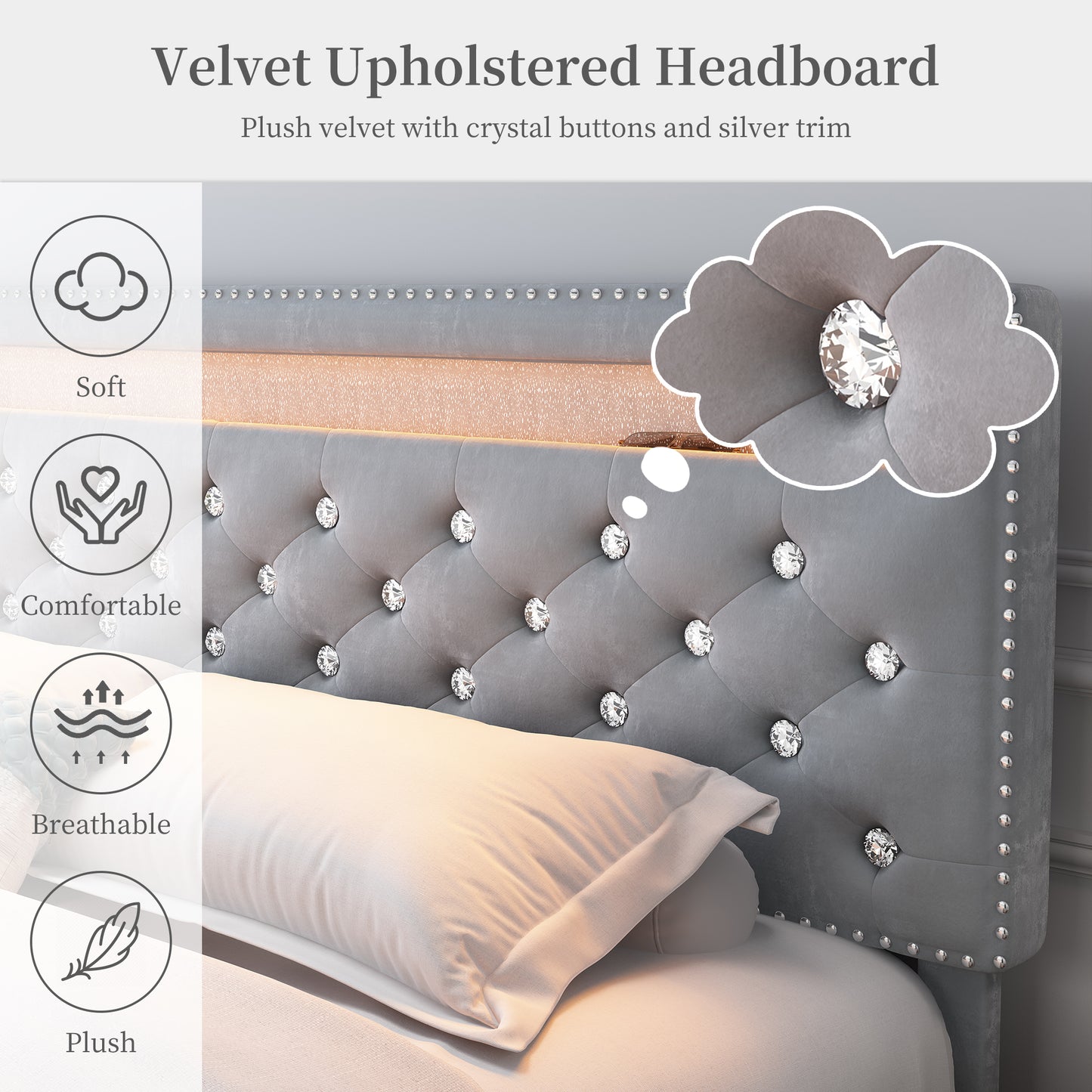 SIBEDS Bed Frame with RGB LED Lights, Adjustable Headboard, Storage Drawers, PU Leather,Grey & Velvet, No Box Spring Needed, Easy Assembly