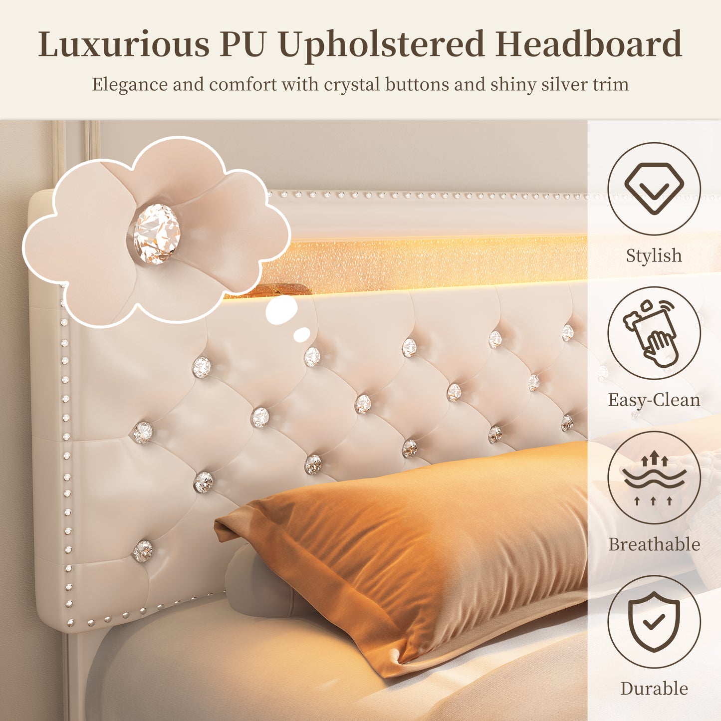 SIBEDS Bed Frame with RGB LED Lights, Adjustable Headboard, Storage Drawers, PU Leather & Velvet, No Box Spring Needed, Easy Assembly,QUEENWHITE