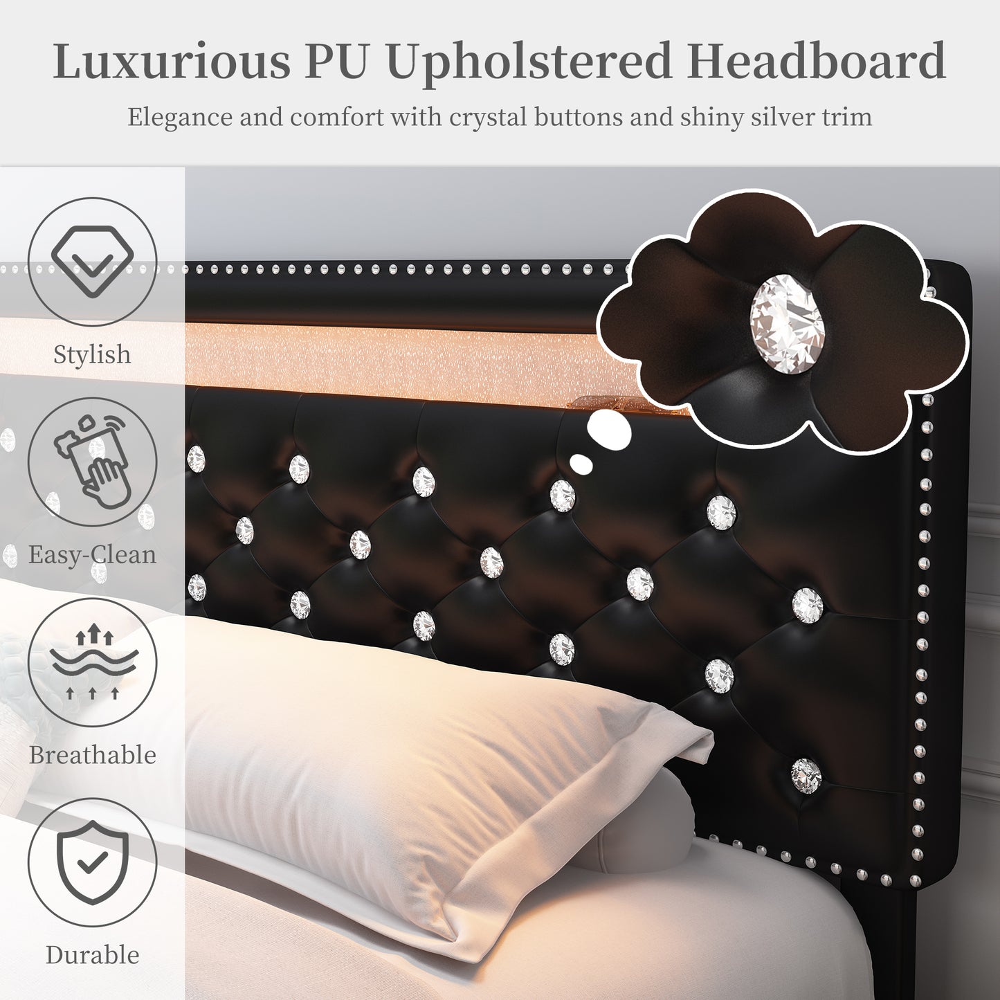 Queen Led Bed Frame with 2 Drawers, Heavy Duty Upholstered Platform Bed Frames Queen Size with Storage and Adjustable Crystal Button Tufted Headboard, No Box Spring Needed, Easy Assembly, PU Black