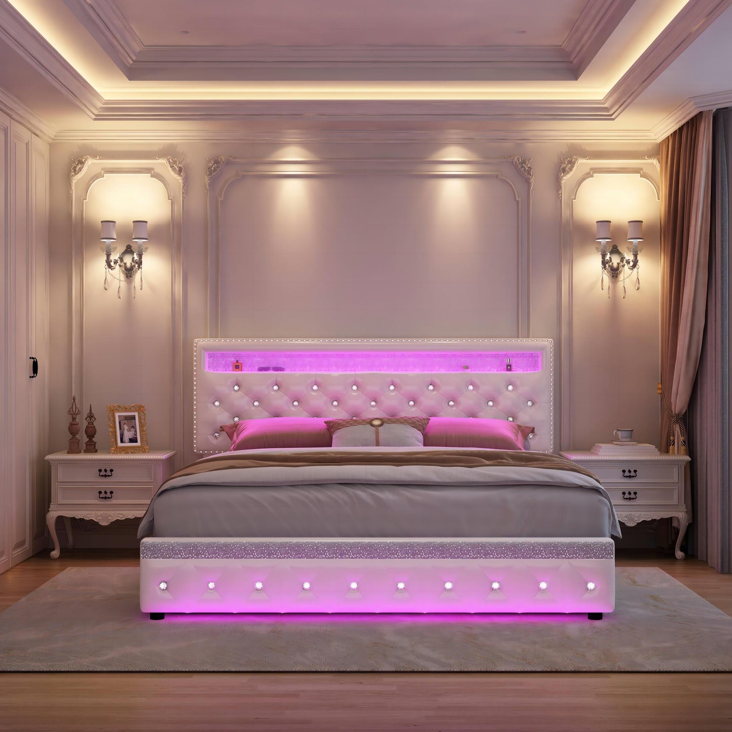 SIBEDS Bed Frame with RGB LED Lights, Adjustable Headboard, Storage Drawers, PU Leather & Velvet, No Box Spring Needed, Easy Assembly,QUEENWHITE