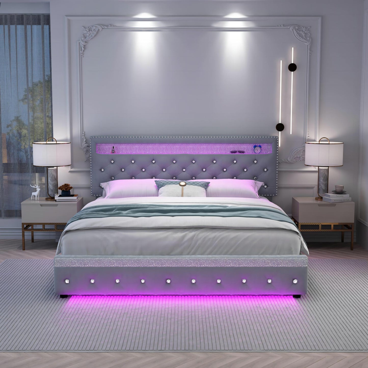 SIBEDS Bed Frame with RGB LED Lights, Adjustable Headboard, Storage Drawers, PU Leather & Velvet, No Box Spring Needed, Easy Assembly