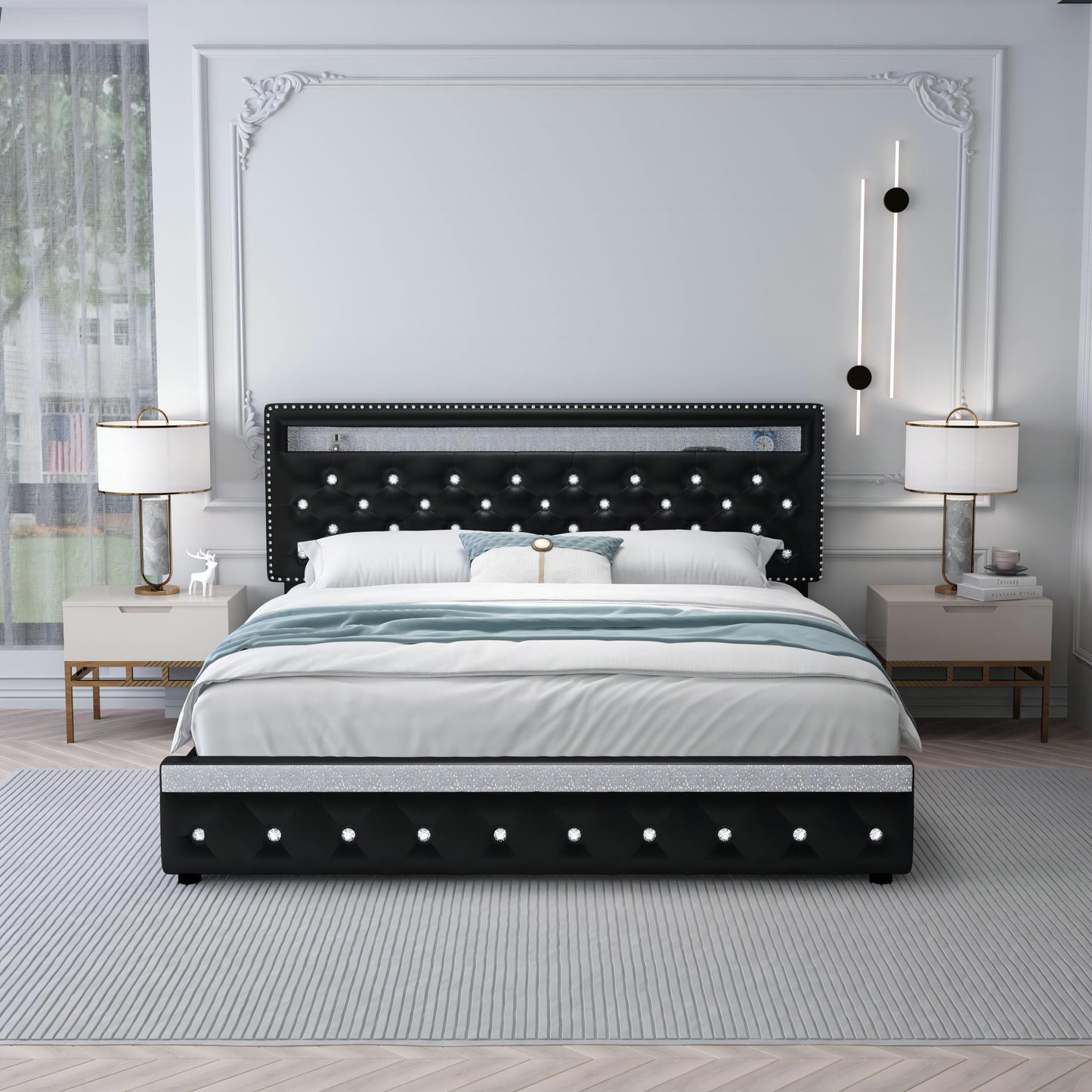 Queen Led Bed Frame with 2 Drawers, Heavy Duty Upholstered Platform Bed Frames Queen Size with Storage and Adjustable Crystal Button Tufted Headboard, No Box Spring Needed, Easy Assembly, PU Black