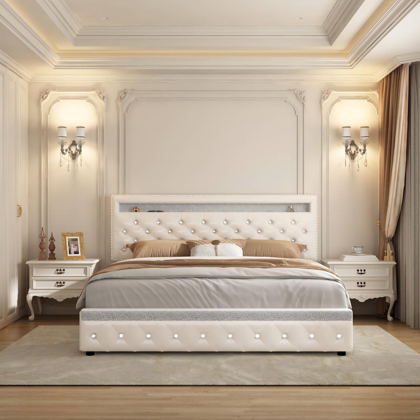 SIBEDS Bed Frame with RGB LED Lights, Adjustable Headboard, Storage Drawers, PU Leather & Velvet, No Box Spring Needed, Easy Assembly,QUEENWHITE
