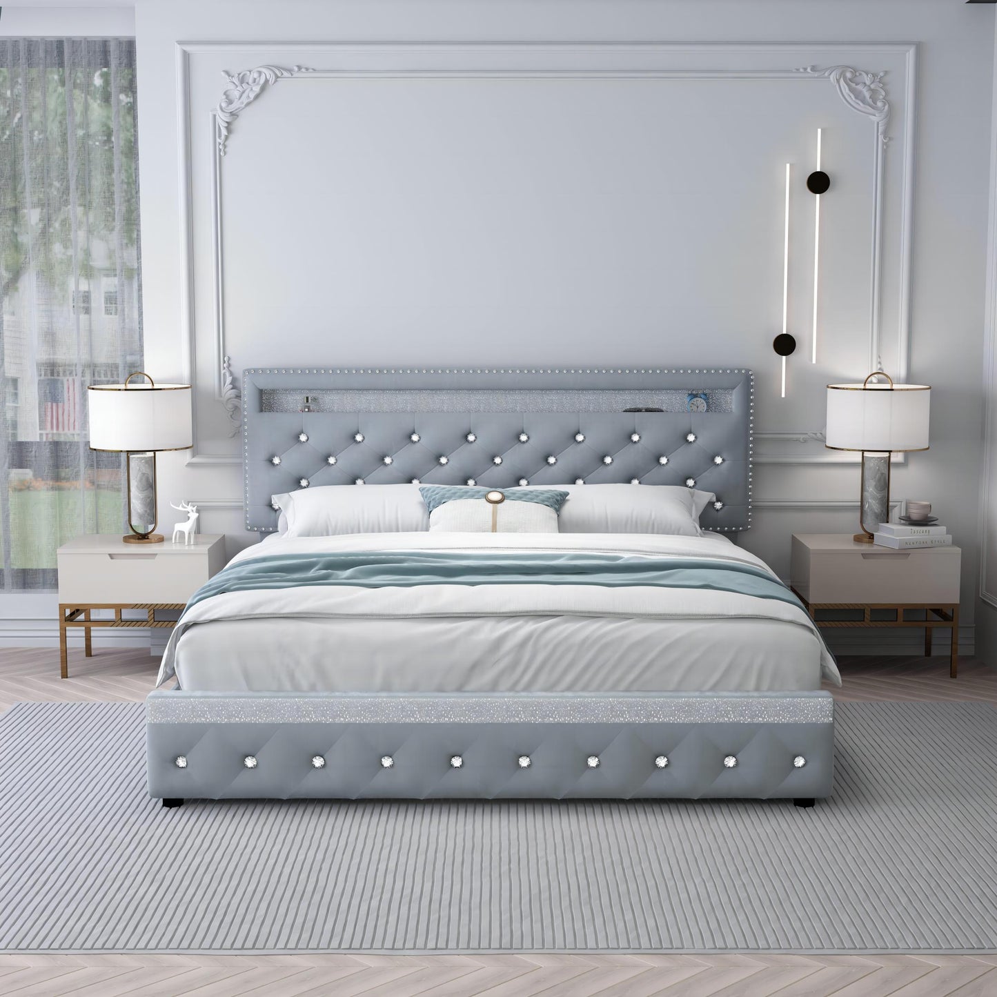 SIBEDS Bed Frame with RGB LED Lights, Adjustable Headboard, Storage Drawers, PU Leather,Grey & Velvet, No Box Spring Needed, Easy Assembly