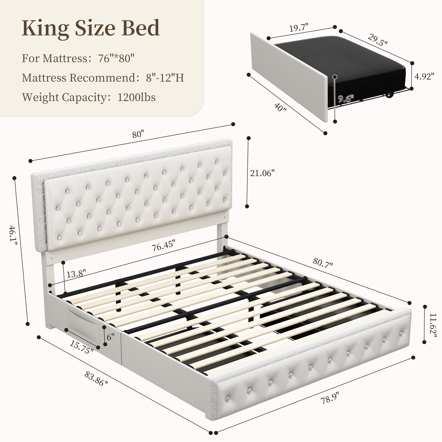 Queen Size Luxury Platform Bed with 2 Storage Drawers, 2 Side Pockets, and Crystal Button Tufted Headboard