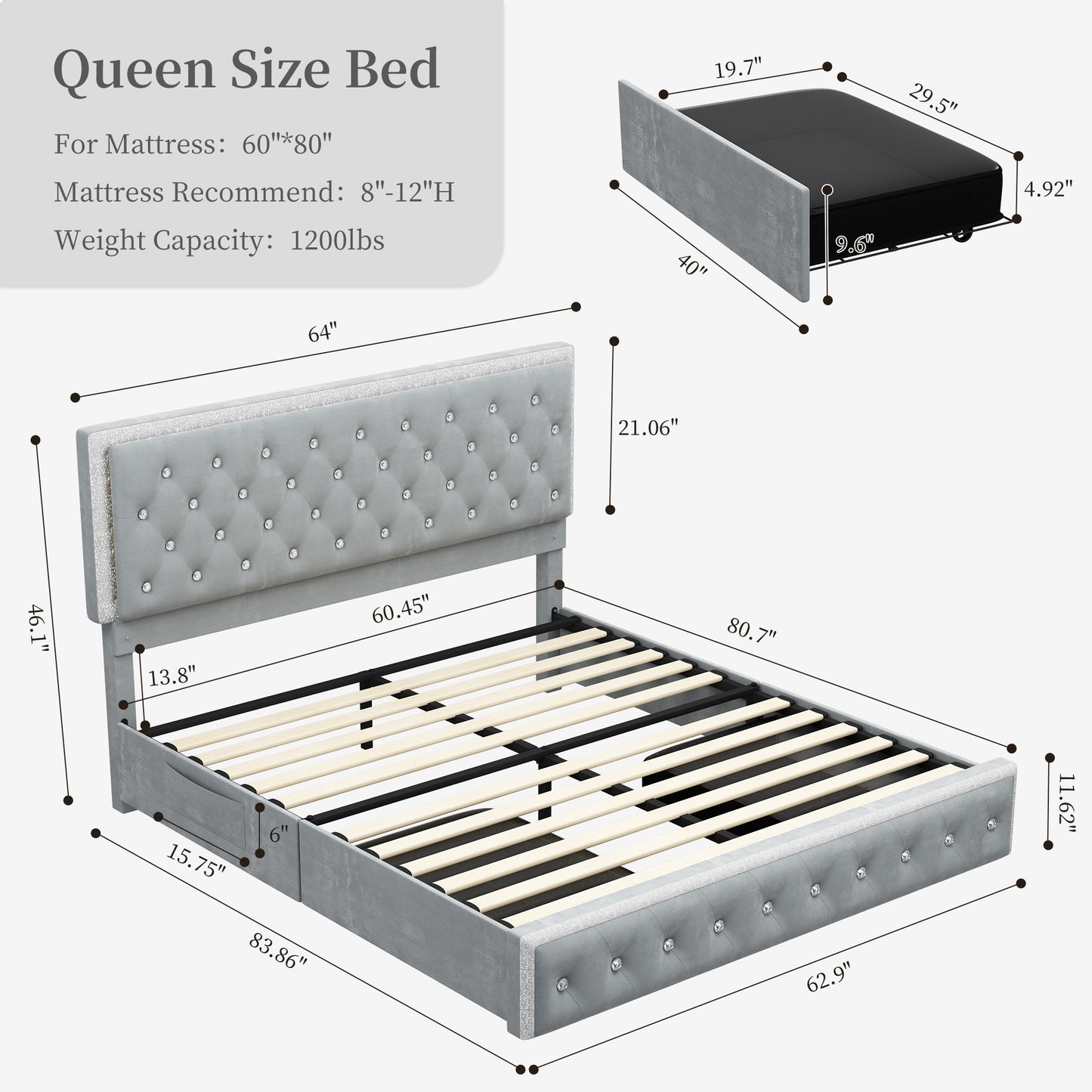 SIBEDS Luxury Platform Bed with 2 Storage Drawers, 2 Side Pockets, and Crystal Button Tufted Headboard Queen Grey
