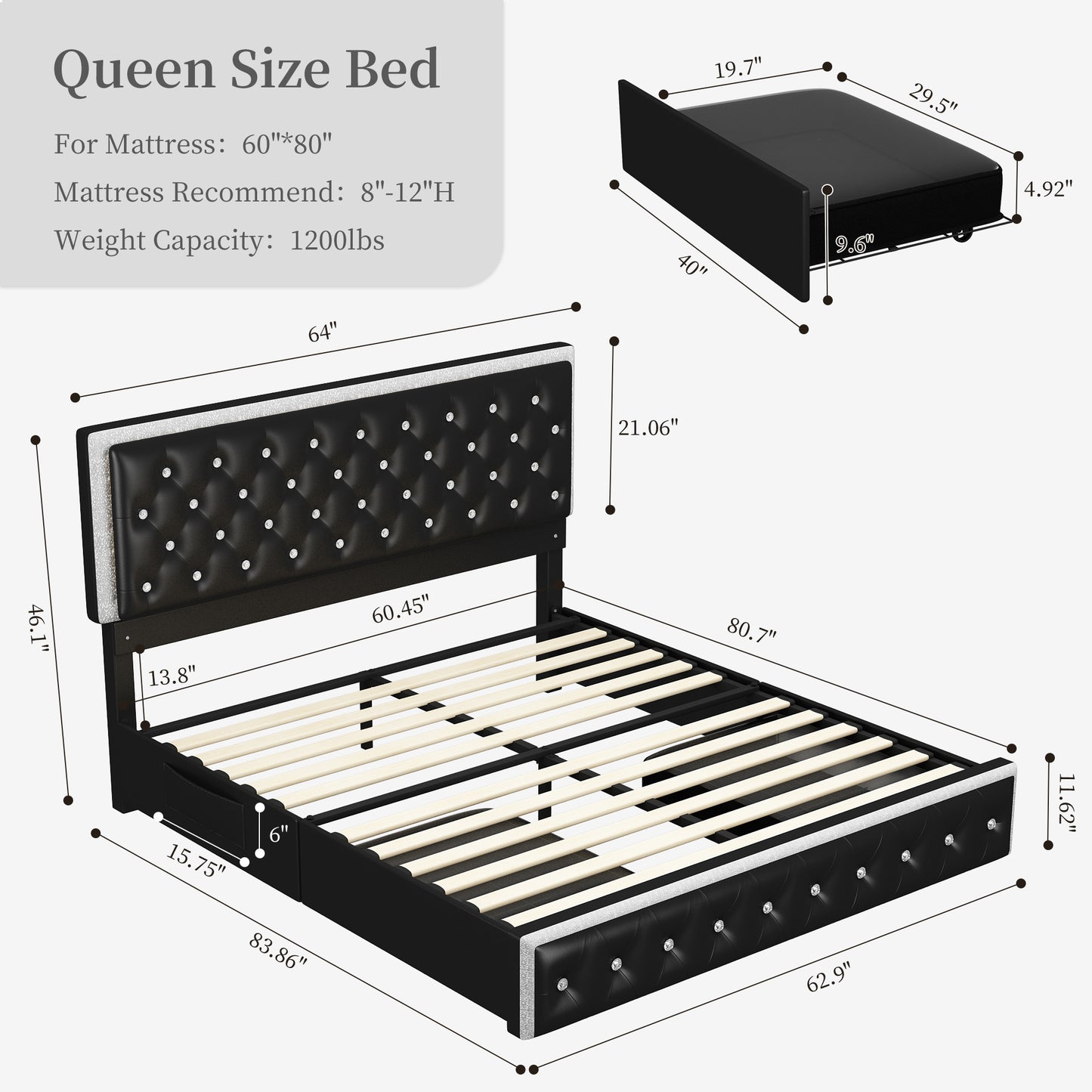 Queen LED Bed Frame with 2 Drawers, Storage Platform Beds with Upholstered Crystal Button Tufted Headboard Footboard, 2 Side Pockets, No Box Spring Needed, PU Black