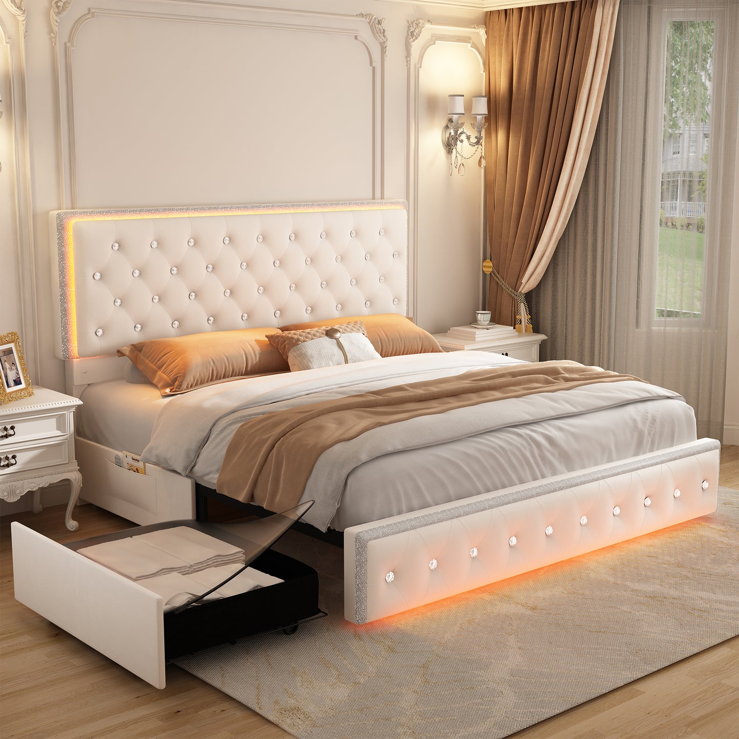SIBEDS Luxury Platform Bed with 2 Storage Drawers, 2 Side Pockets, and Crystal Button Tufted Headboard