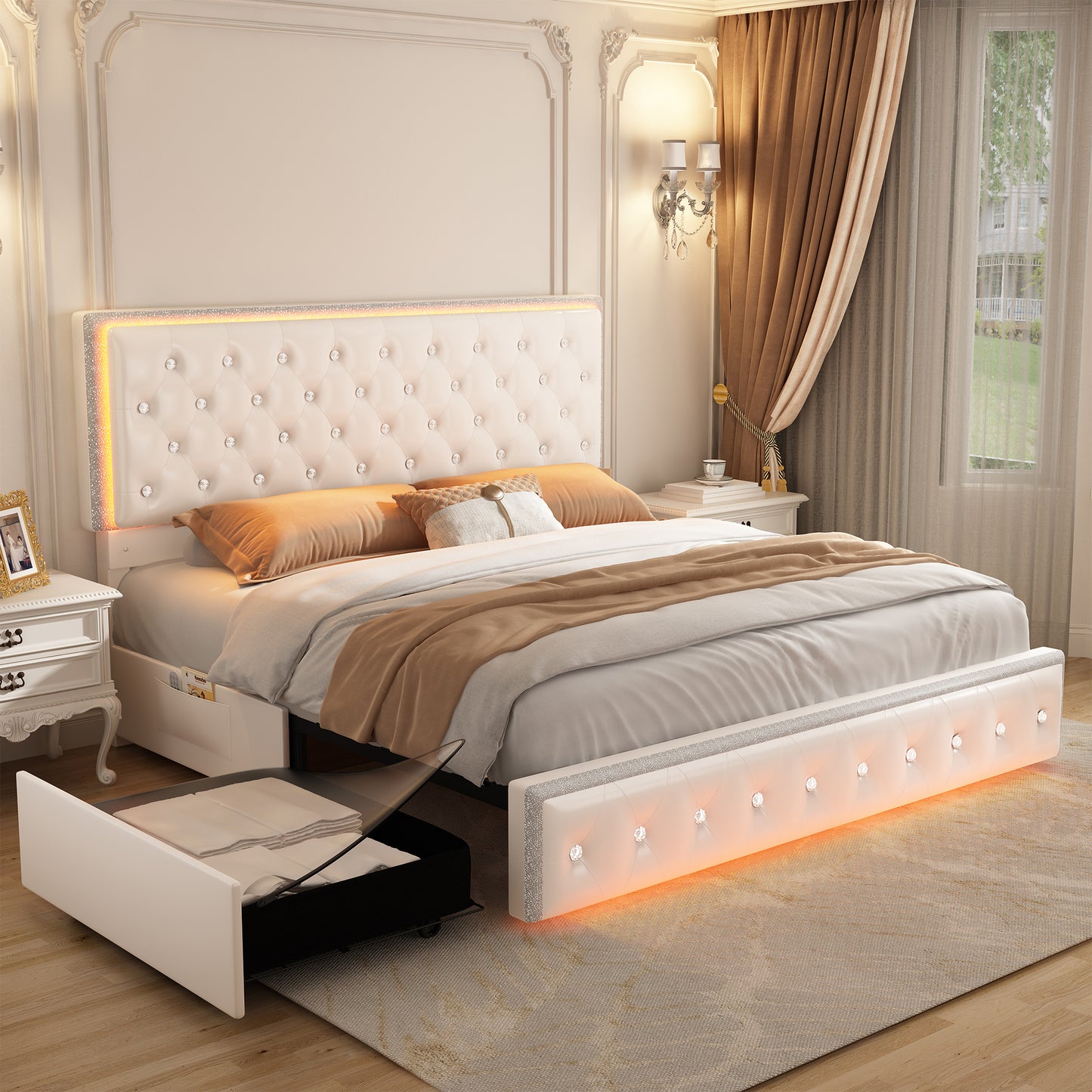 Queen Led Bed Frame with 2 Drawers, Modern Storage Platform Queen Size Upholstered Bed with Crystal Button Tufted Headboard, Solid Slats Support, Noise Free, No Box Spring Needed, PU White