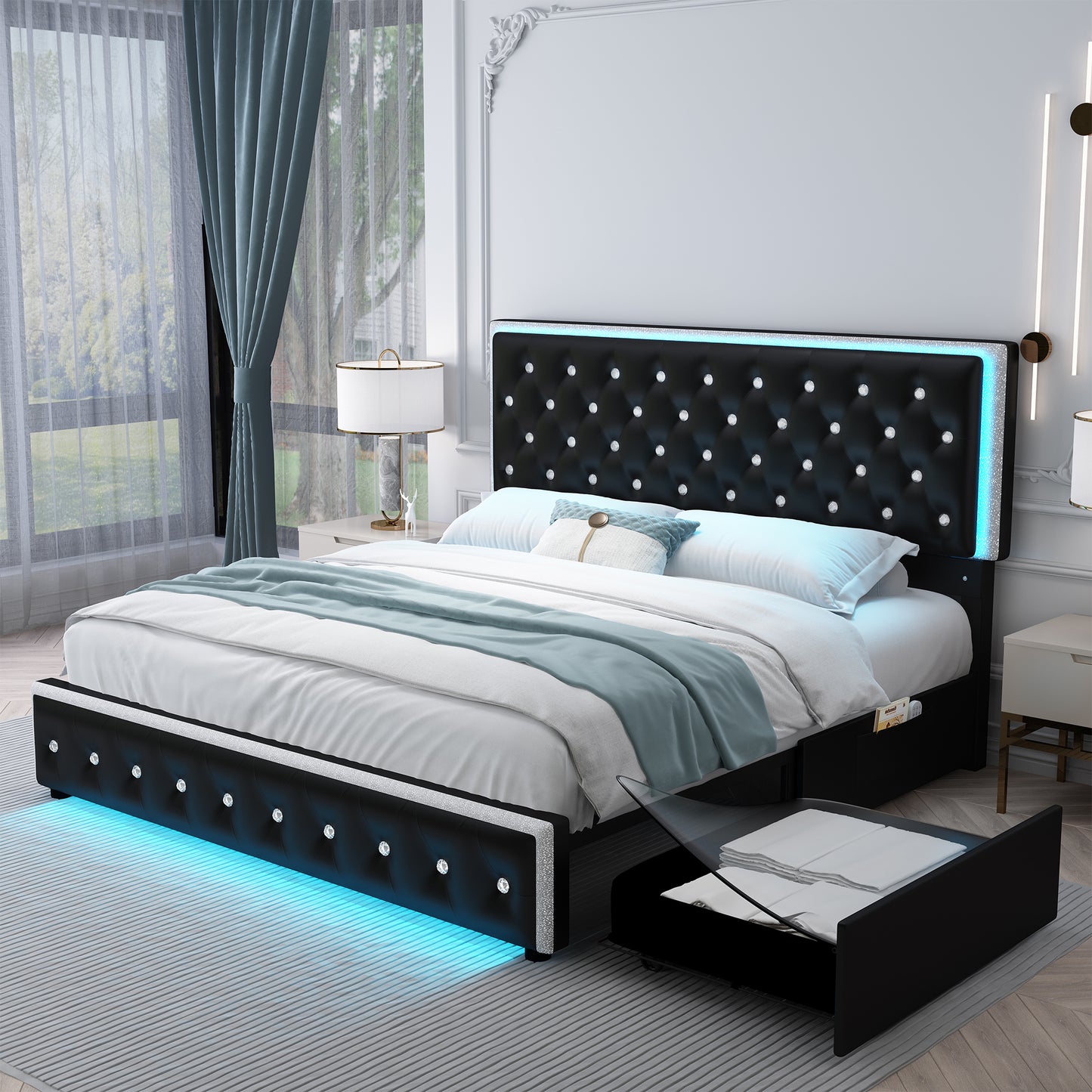 SIBEDS Luxury Platform Bed with 2 Storage Drawers, 2 Side Pockets, and Crystal Button Tufted Headboard