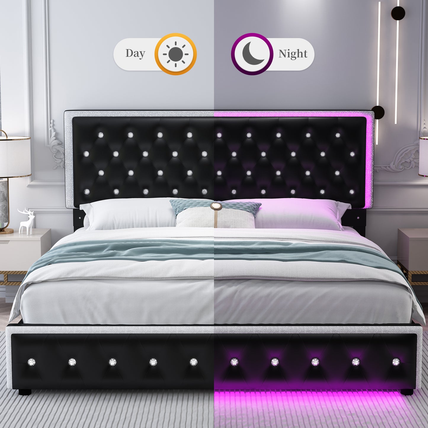 SIBEDS Luxury Platform Bed with 2 Storage Drawers, 2 Side Pockets, and Crystal Button Tufted Headboard