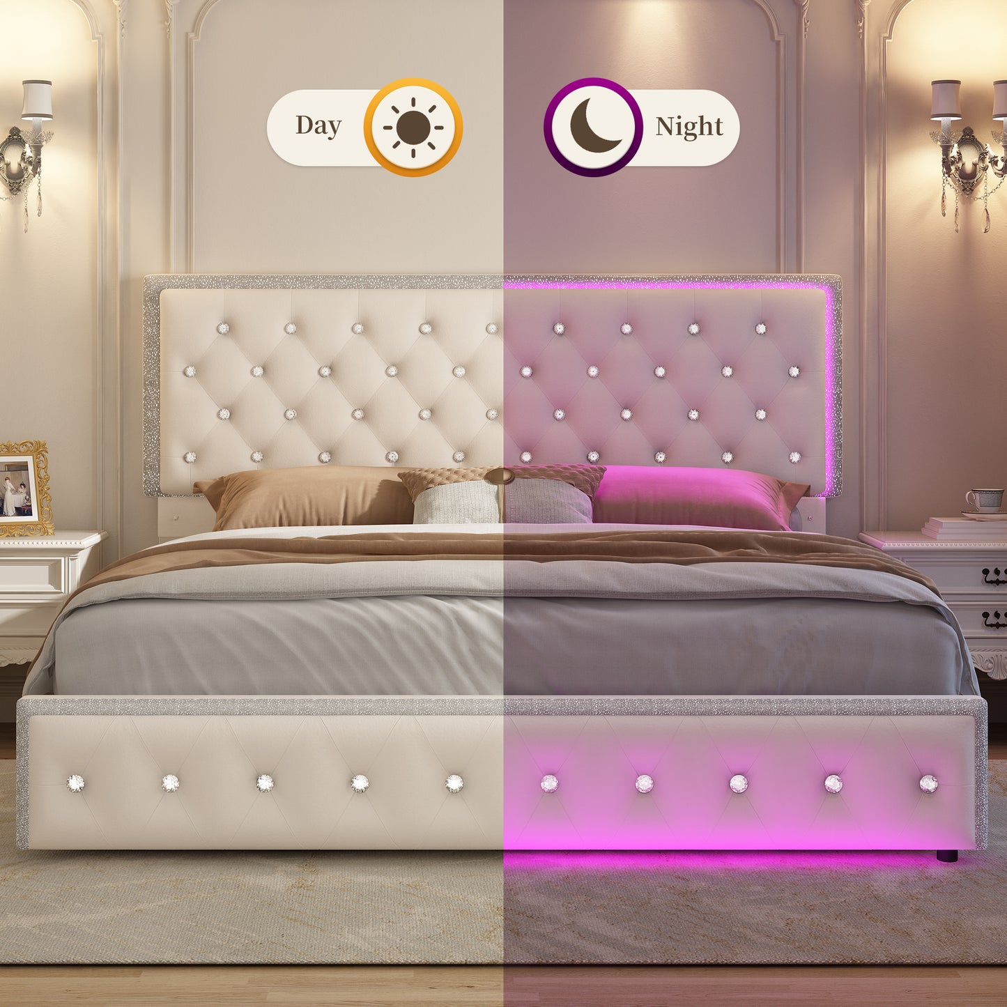 SIBEDS Luxury Platform Bed with 2 Storage Drawers, 2 Side Pockets, and Crystal Button Tufted Headboard