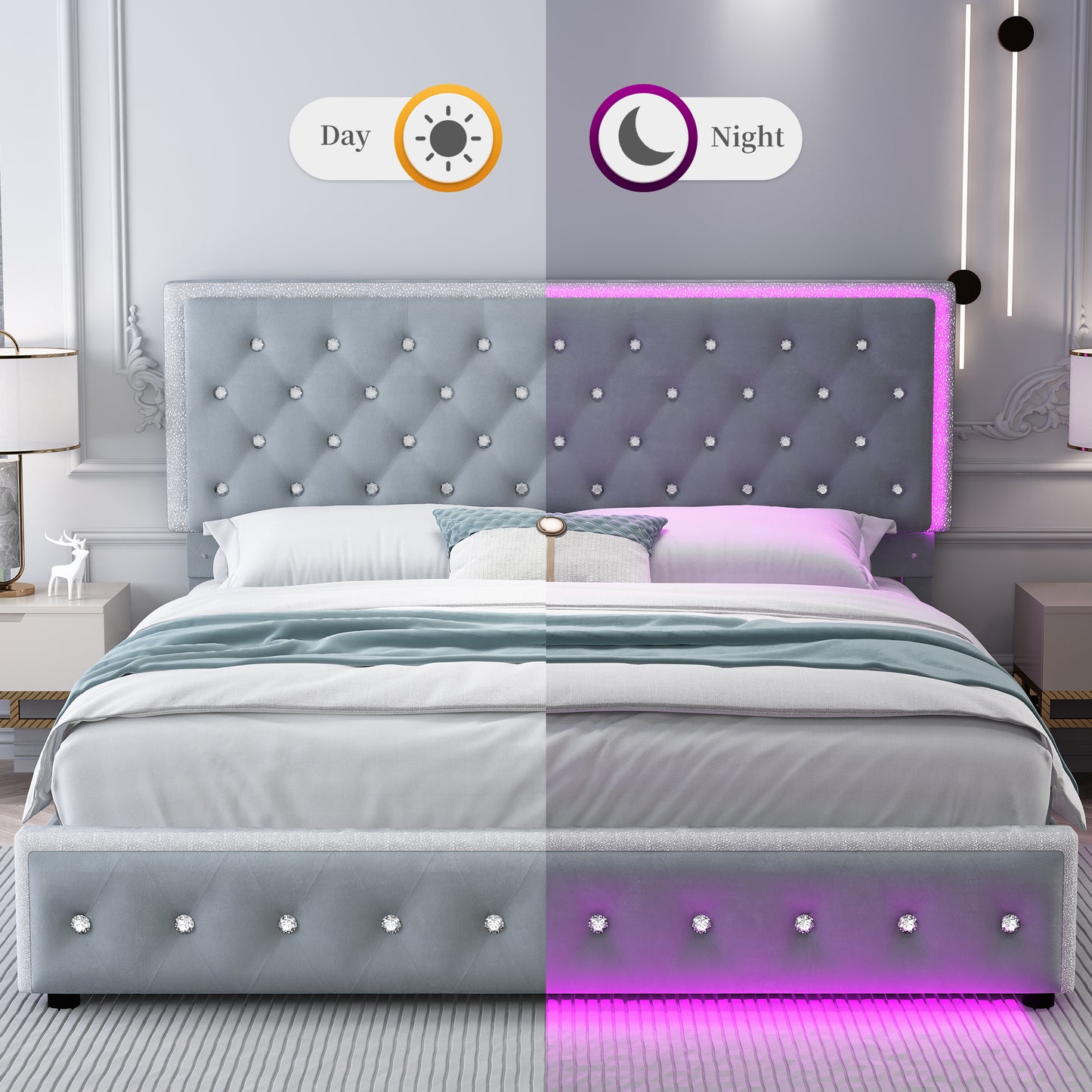 SIBEDS Luxury Platform Bed with 2 Storage Drawers, 2 Side Pockets, and Crystal Button Tufted Headboard Queen Grey