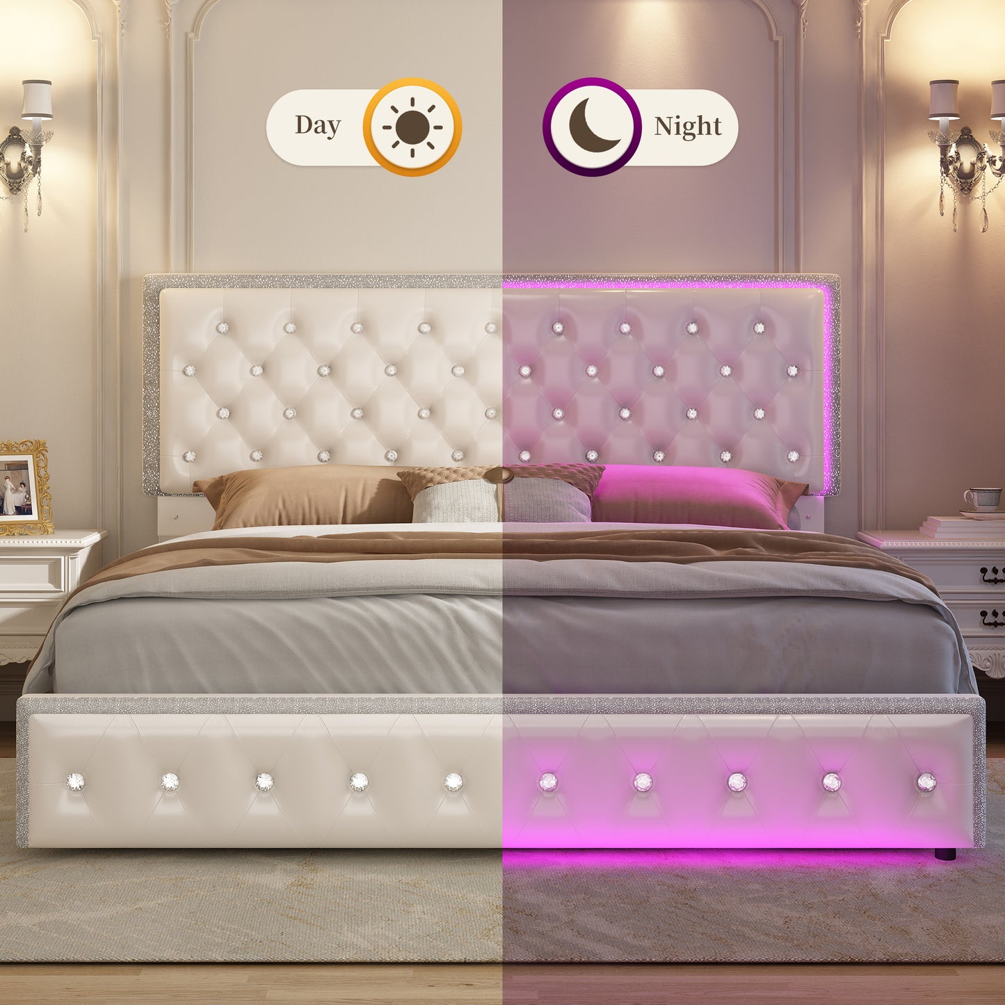 Queen Led Bed Frame with 2 Drawers, Modern Storage Platform Queen Size Upholstered Bed with Crystal Button Tufted Headboard, Solid Slats Support, Noise Free, No Box Spring Needed, PU White