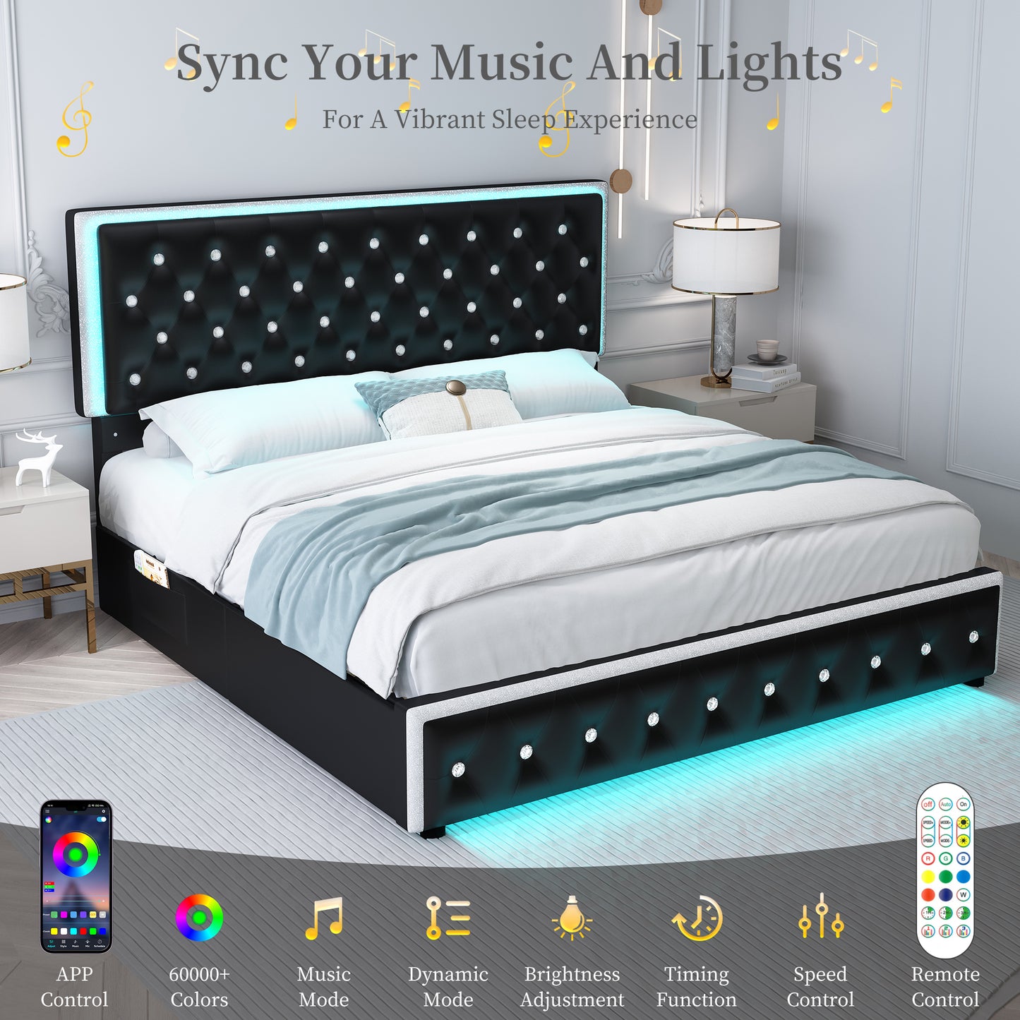 SIBEDS Luxury Platform Bed with 2 Storage Drawers, 2 Side Pockets, and Crystal Button Tufted Headboard,Queen,Black