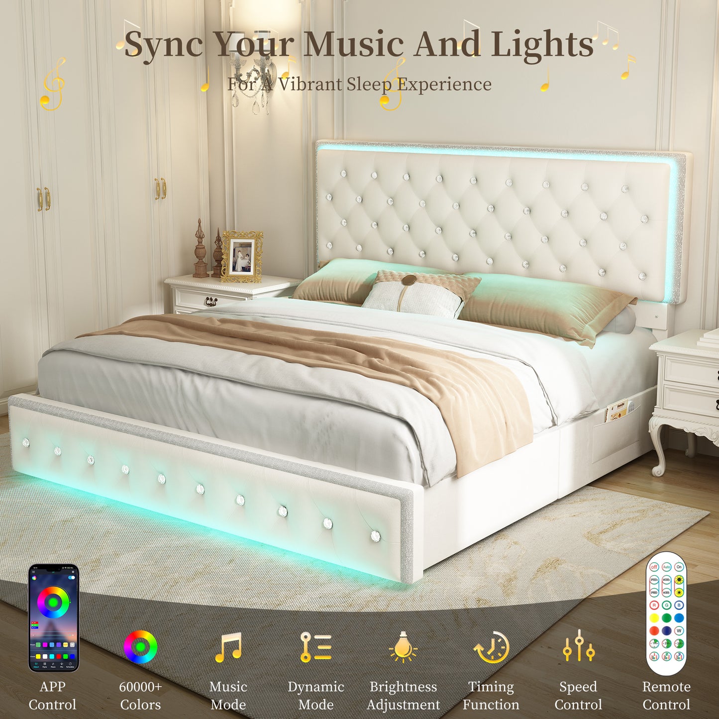 SIBEDS Luxury Platform Bed with 2 Storage Drawers, 2 Side Pockets, and Crystal Button Tufted Headboard