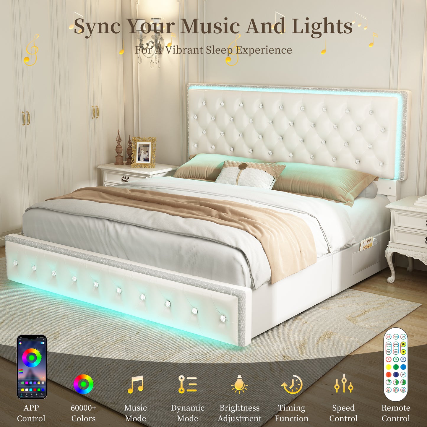Queen Led Bed Frame with 2 Drawers, Modern Storage Platform Queen Size Upholstered Bed with Crystal Button Tufted Headboard, Solid Slats Support, Noise Free, No Box Spring Needed, PU White