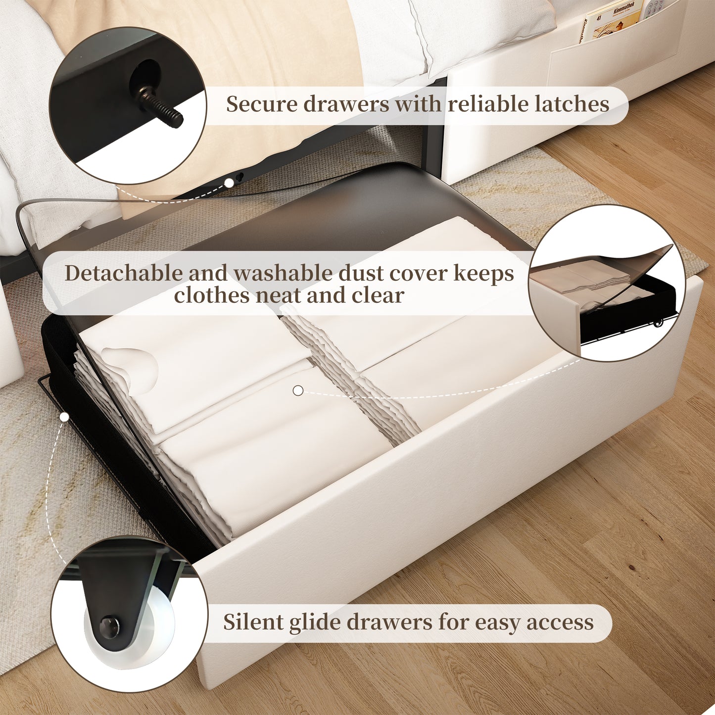 SIBEDS Luxury Platform Bed with 2 Storage Drawers, 2 Side Pockets, and Crystal Button Tufted Headboard