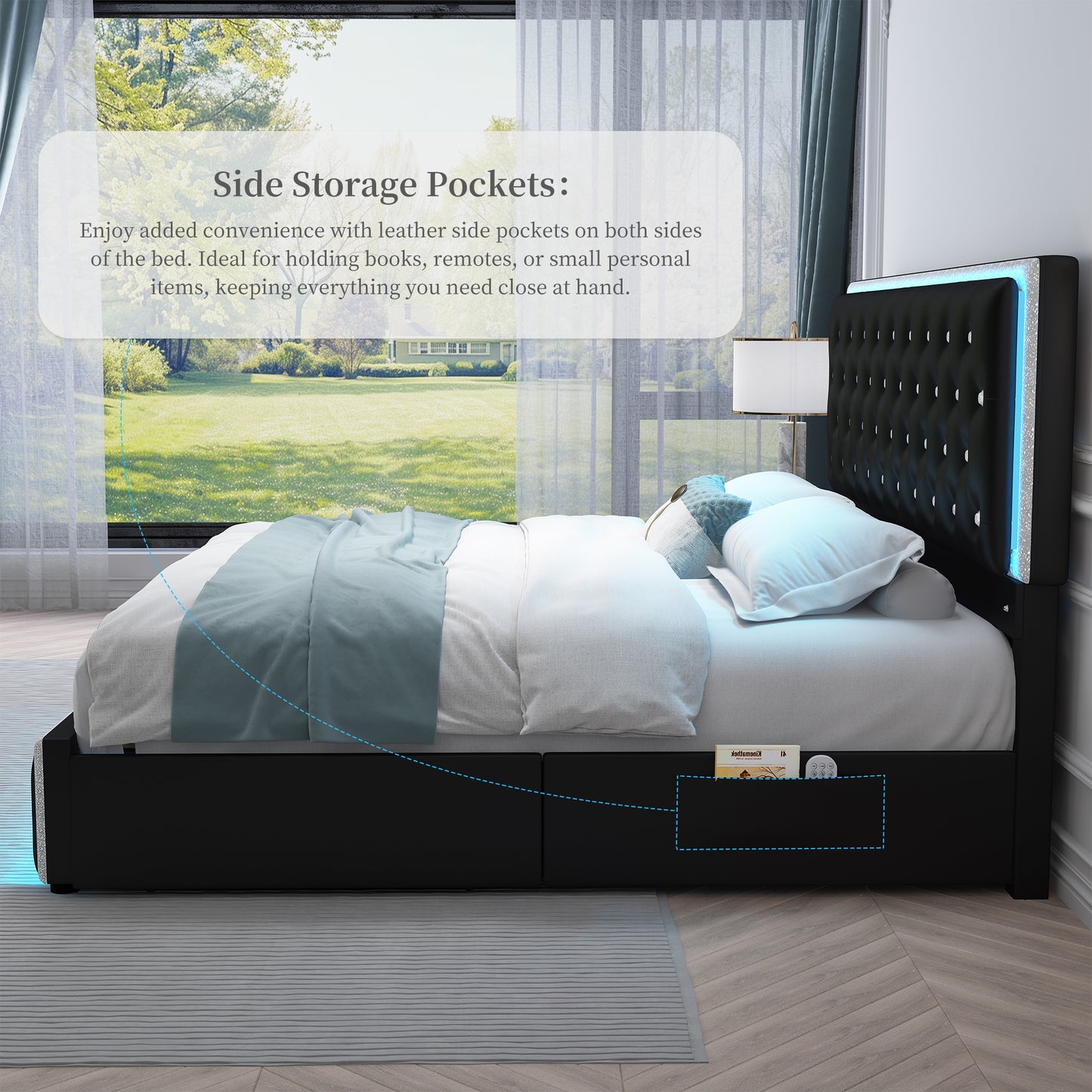 SIBEDS Luxury Platform Bed with 2 Storage Drawers, 2 Side Pockets, and Crystal Button Tufted Headboard