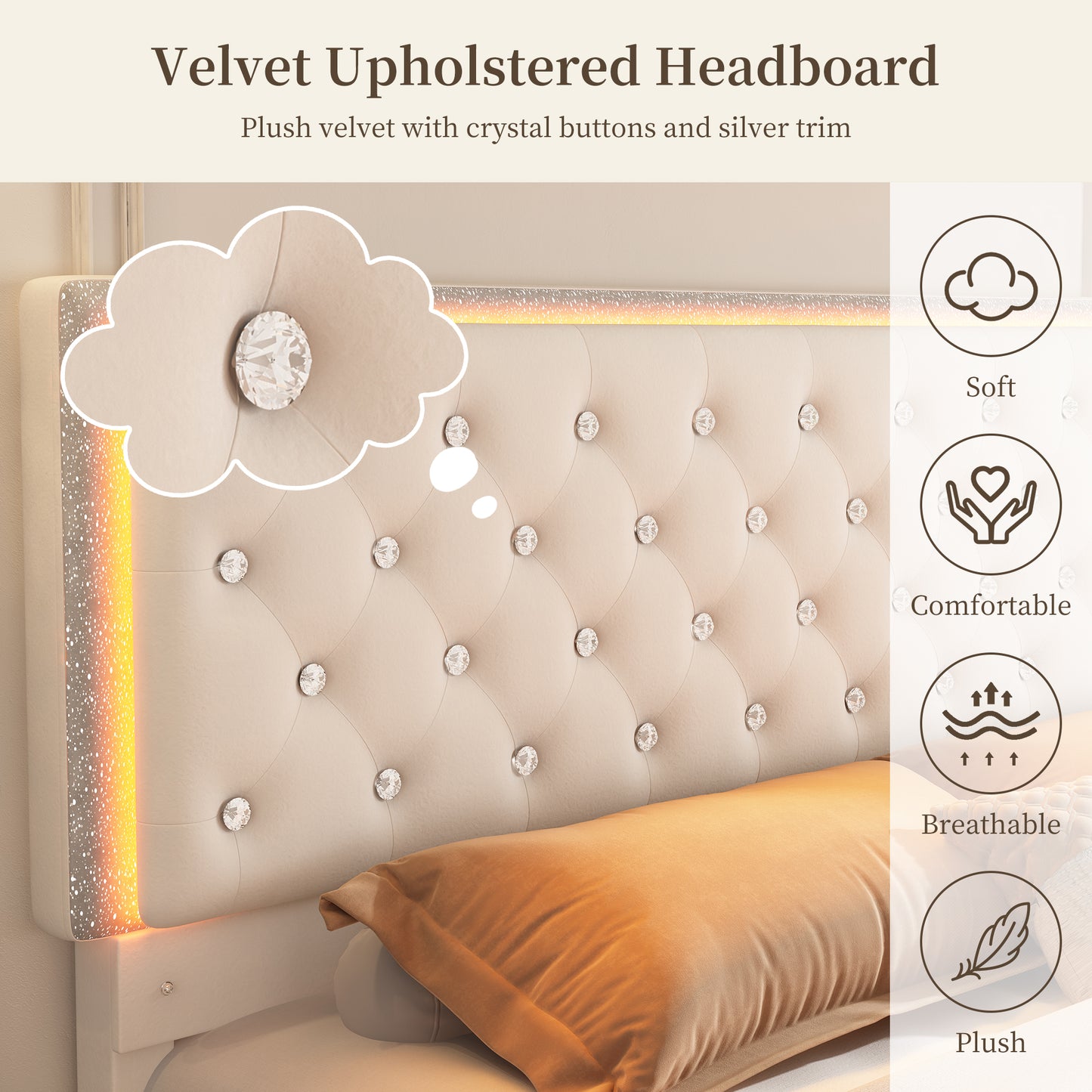 SIBEDS Luxury Platform Bed with 2 Storage Drawers, 2 Side Pockets, and Crystal Button Tufted Headboard
