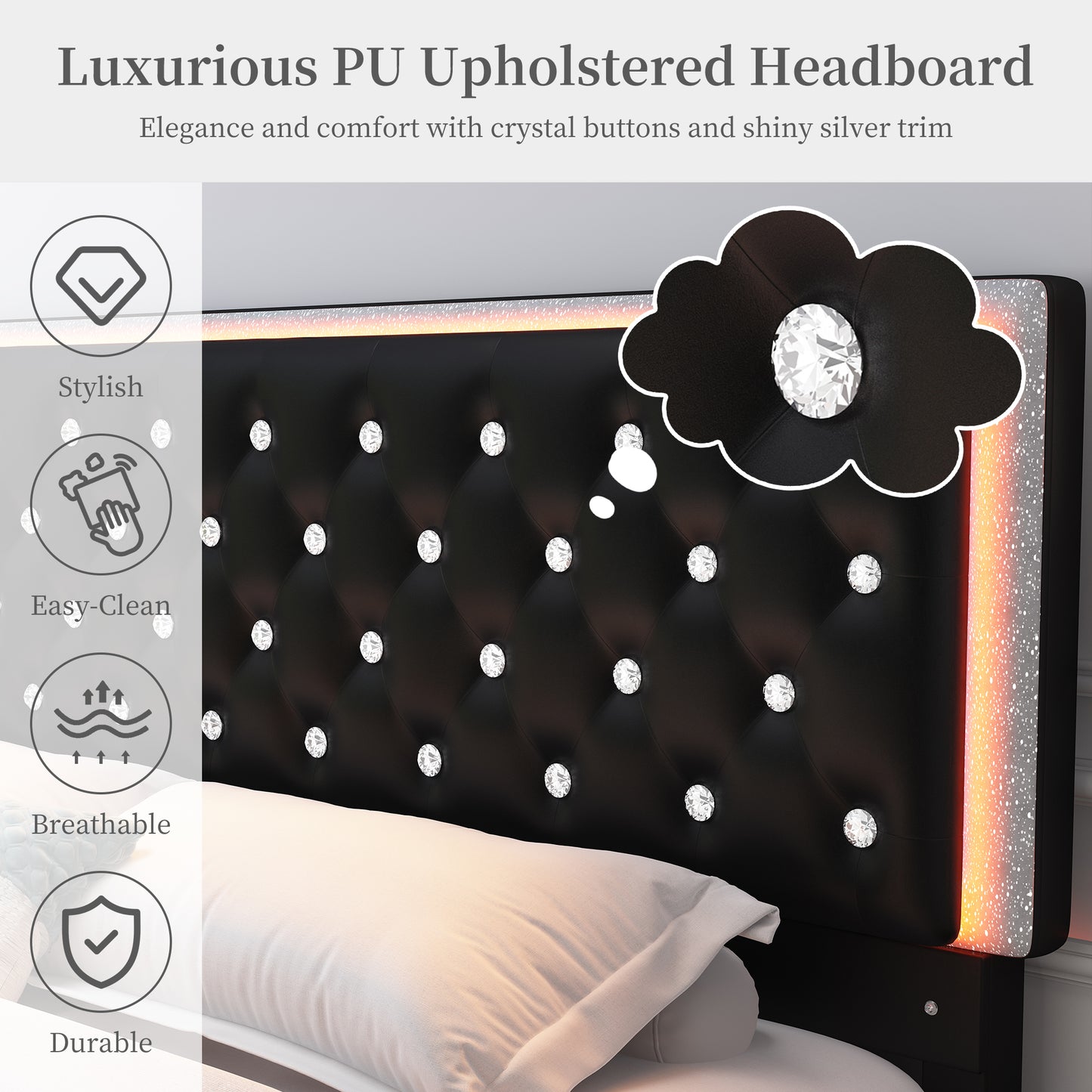 SIBEDS Luxury Platform Bed with 2 Storage Drawers, 2 Side Pockets, and Crystal Button Tufted Headboard