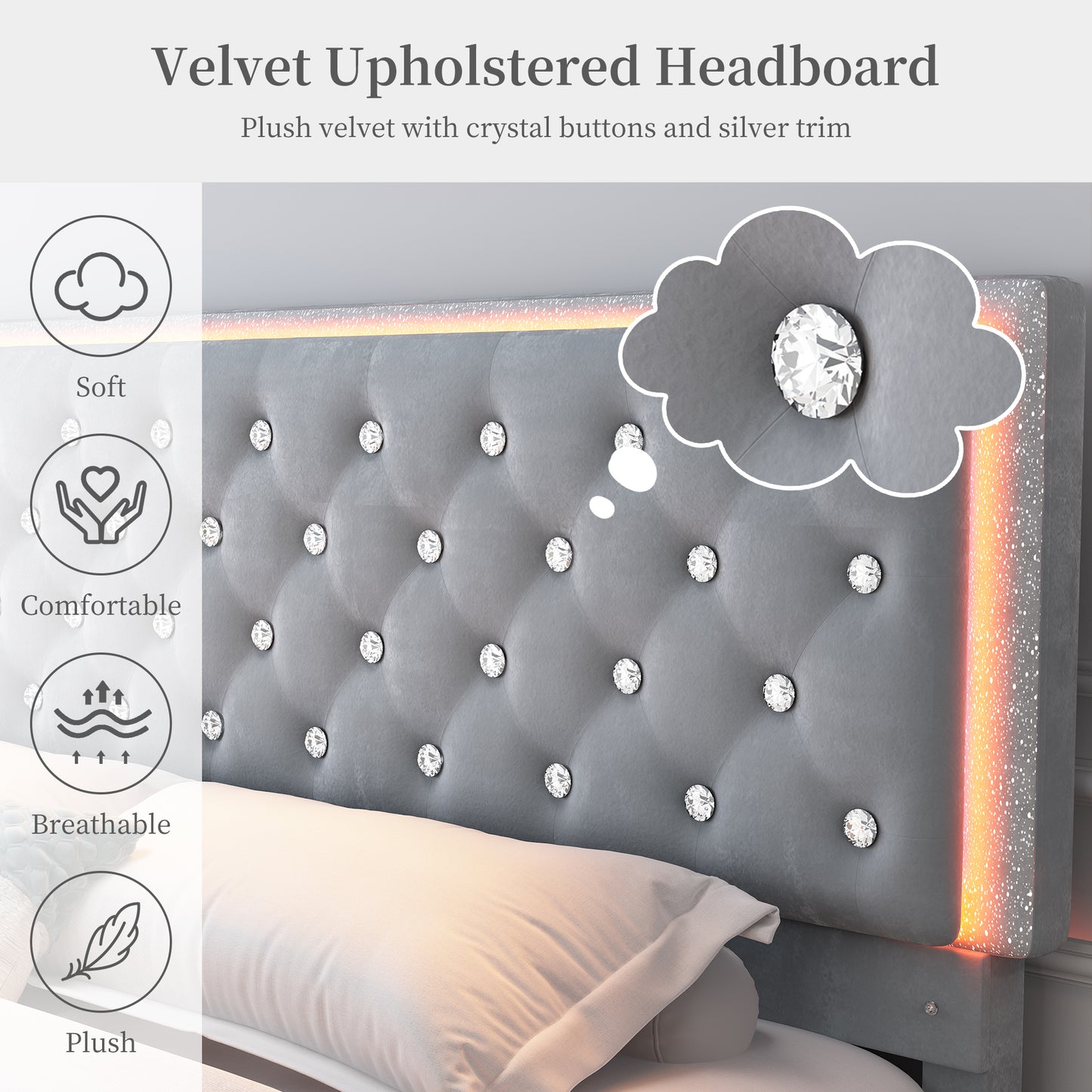 SIBEDS Luxury Platform Bed with 2 Storage Drawers, 2 Side Pockets, and Crystal Button Tufted Headboard Queen Grey