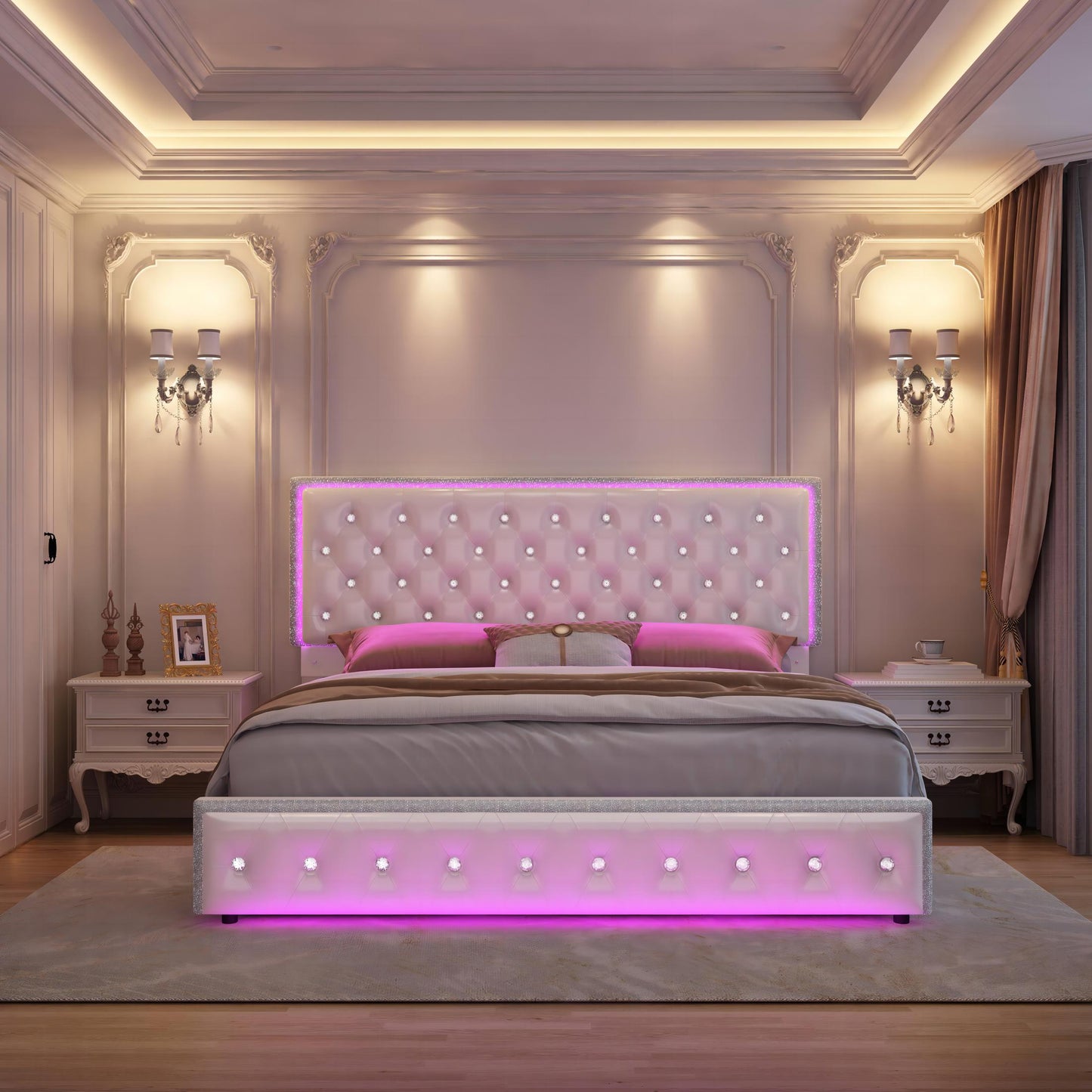 Queen Led Bed Frame with 2 Drawers, Modern Storage Platform Queen Size Upholstered Bed with Crystal Button Tufted Headboard, Solid Slats Support, Noise Free, No Box Spring Needed, PU White
