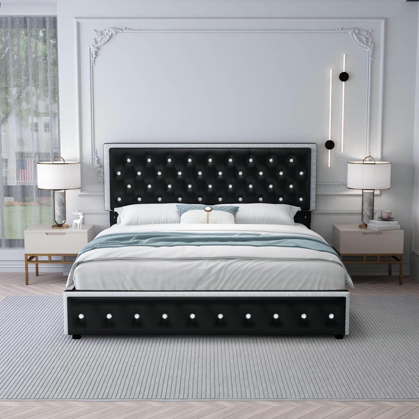 SIBEDS Luxury Platform Bed with 2 Storage Drawers, 2 Side Pockets, and Crystal Button Tufted Headboard,Queen,Black