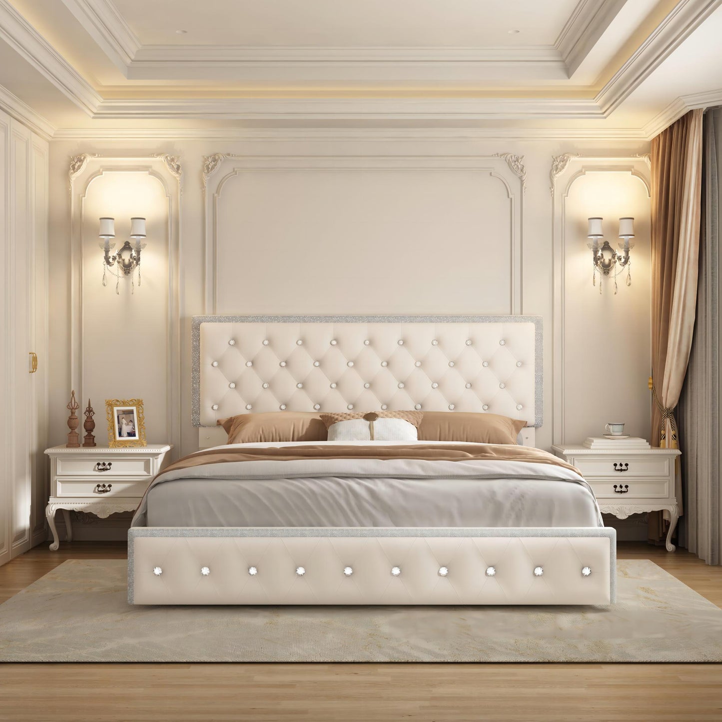 SIBEDS Luxury Platform Bed with 2 Storage Drawers, 2 Side Pockets, and Crystal Button Tufted Headboard