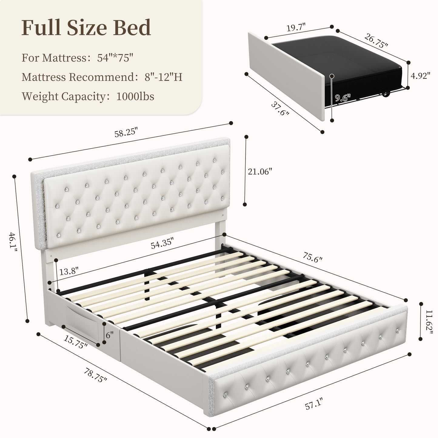Queen Size Luxury Platform Bed with 2 Storage Drawers, 2 Side Pockets, and Crystal Button Tufted Headboard