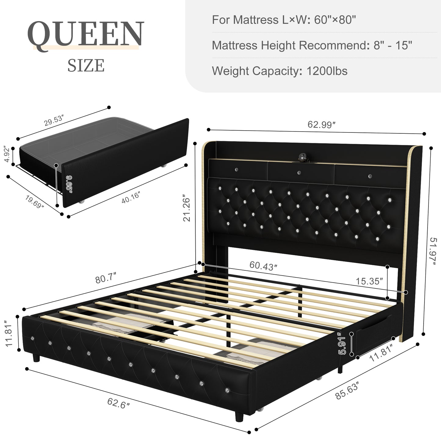 SIBEDS LED Bed Frame with Galaxy Projector, Storage Headboard, Charging Station, Wingback Design, No Box Spring Needed,