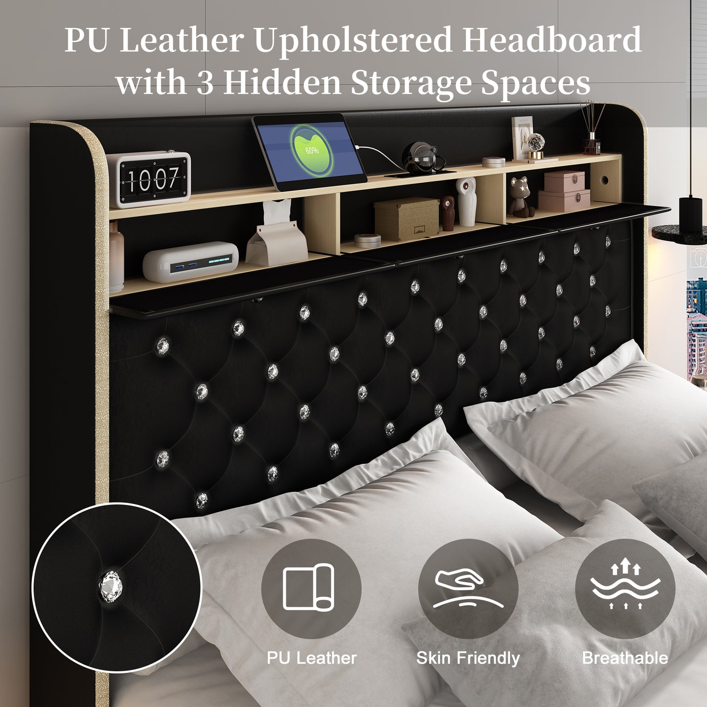 SIBEDS LED Bed Frame with Galaxy Projector, Storage Headboard, Charging Station, Wingback Design, No Box Spring Needed,