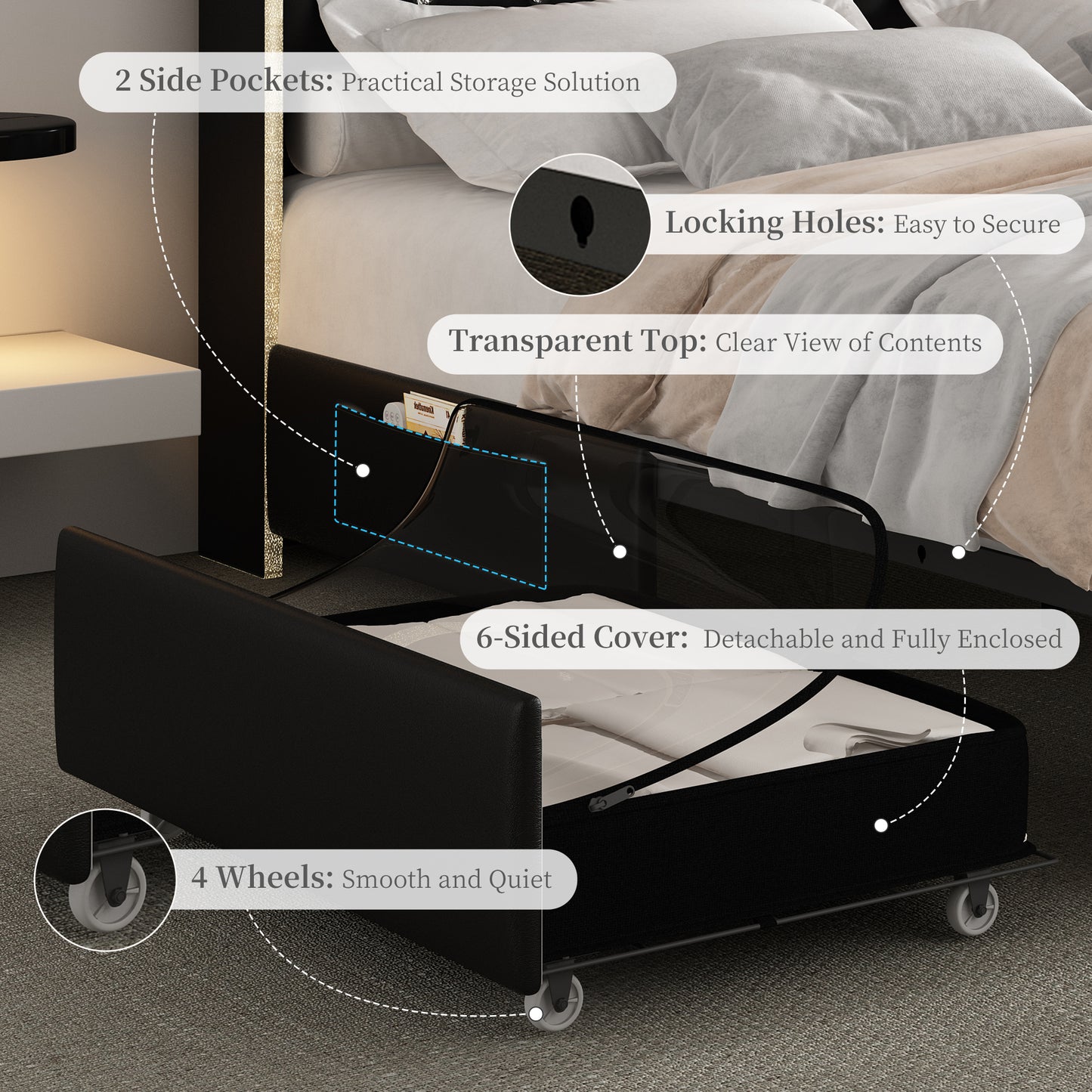SIBEDS LED Bed Frame with Galaxy Projector, Storage Headboard, Charging Station, Wingback Design, No Box Spring Needed,