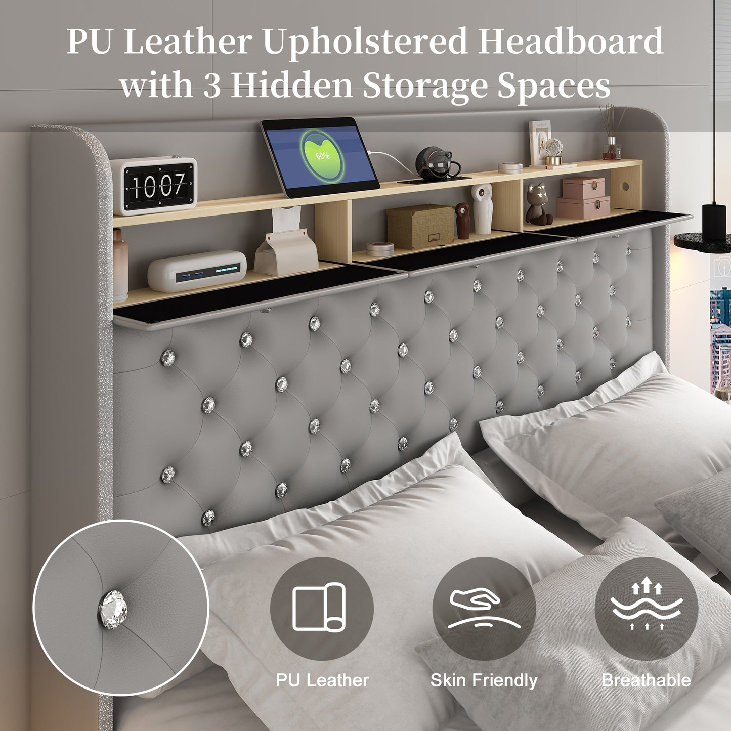 SIBEDS LED Bed Frame with Galaxy Projector, Storage Headboard, Charging Station, Wingback Design, No Box Spring Needed,