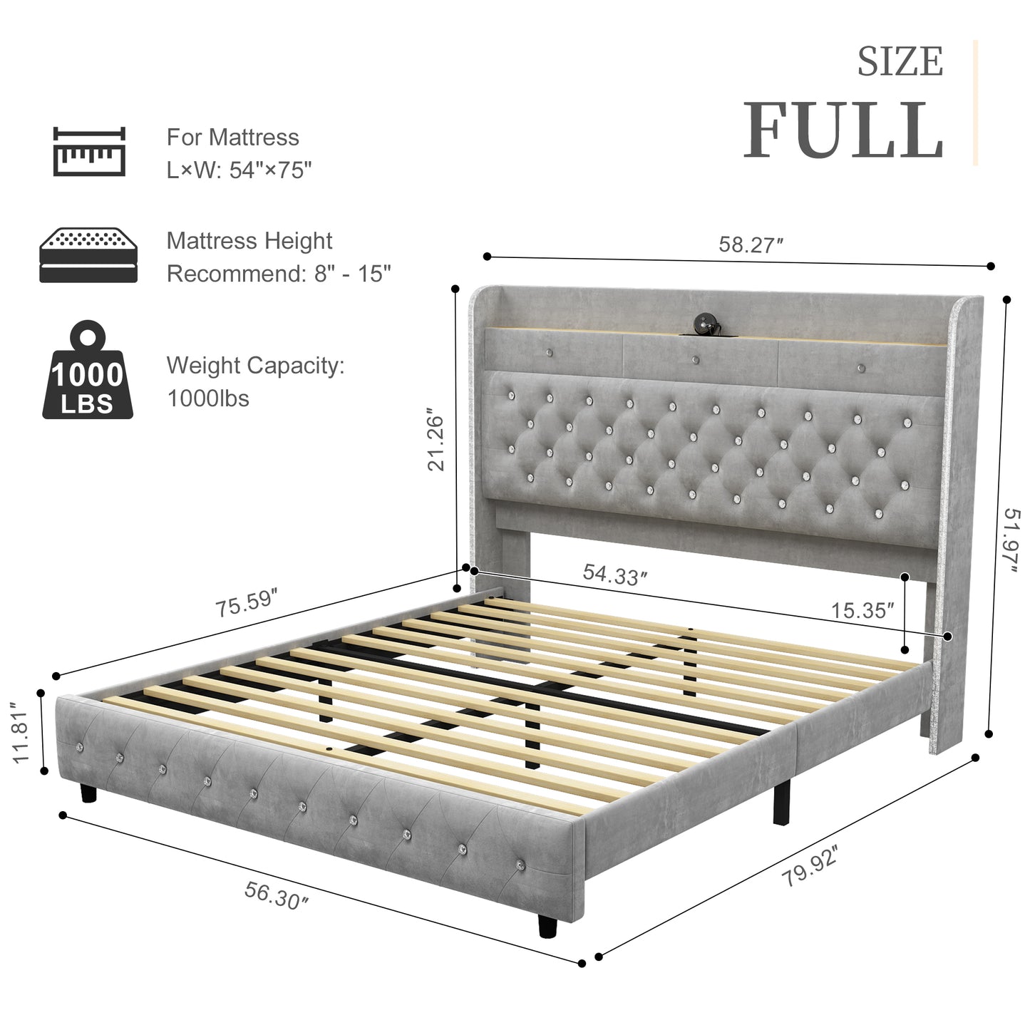 SIBEDS LED Bed Frame with Galaxy Star Projector, 52" Upholstered Headboard with Hidden Storage & Charging Station, No Box Spring Needed, Velvet Grey