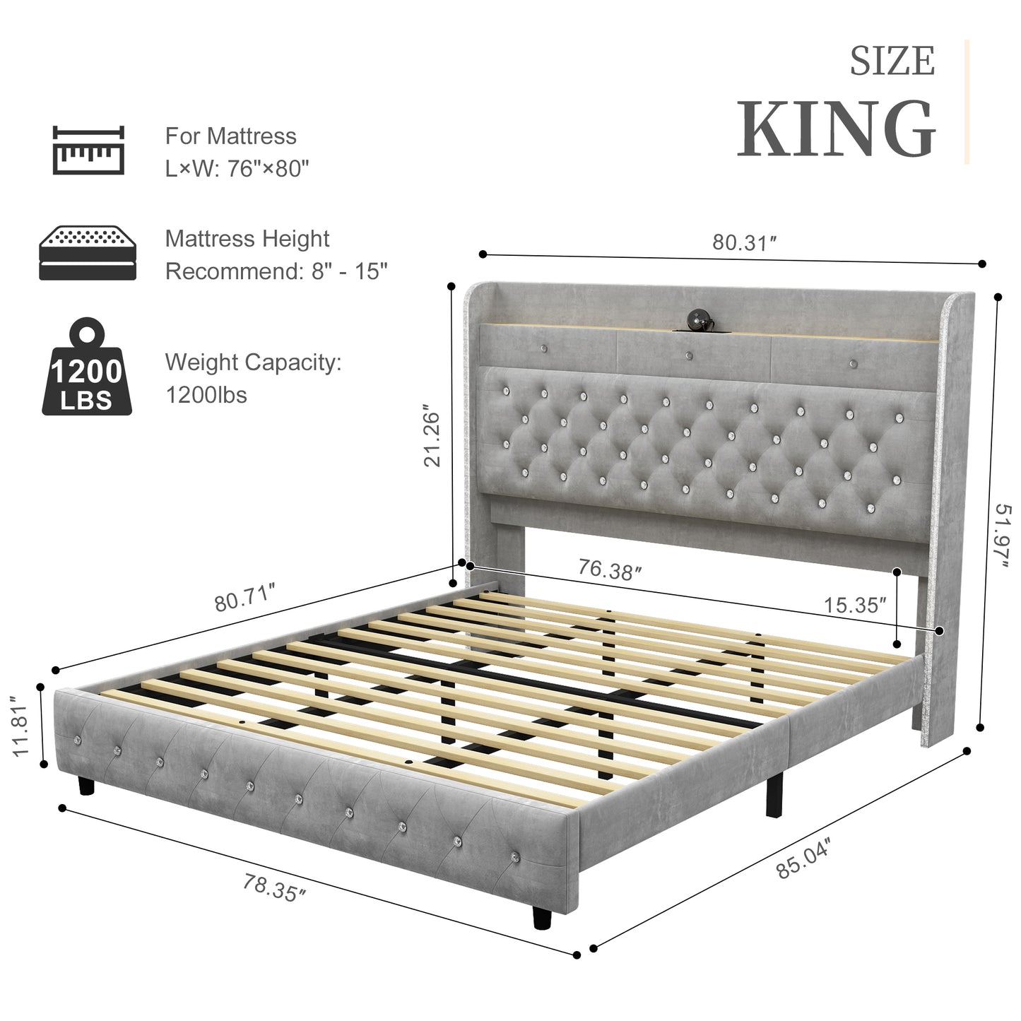 SIBEDS LED Bed Frame with Galaxy Star Projector, 52" Upholstered Headboard with Hidden Storage & Charging Station, No Box Spring Needed, Velvet Grey