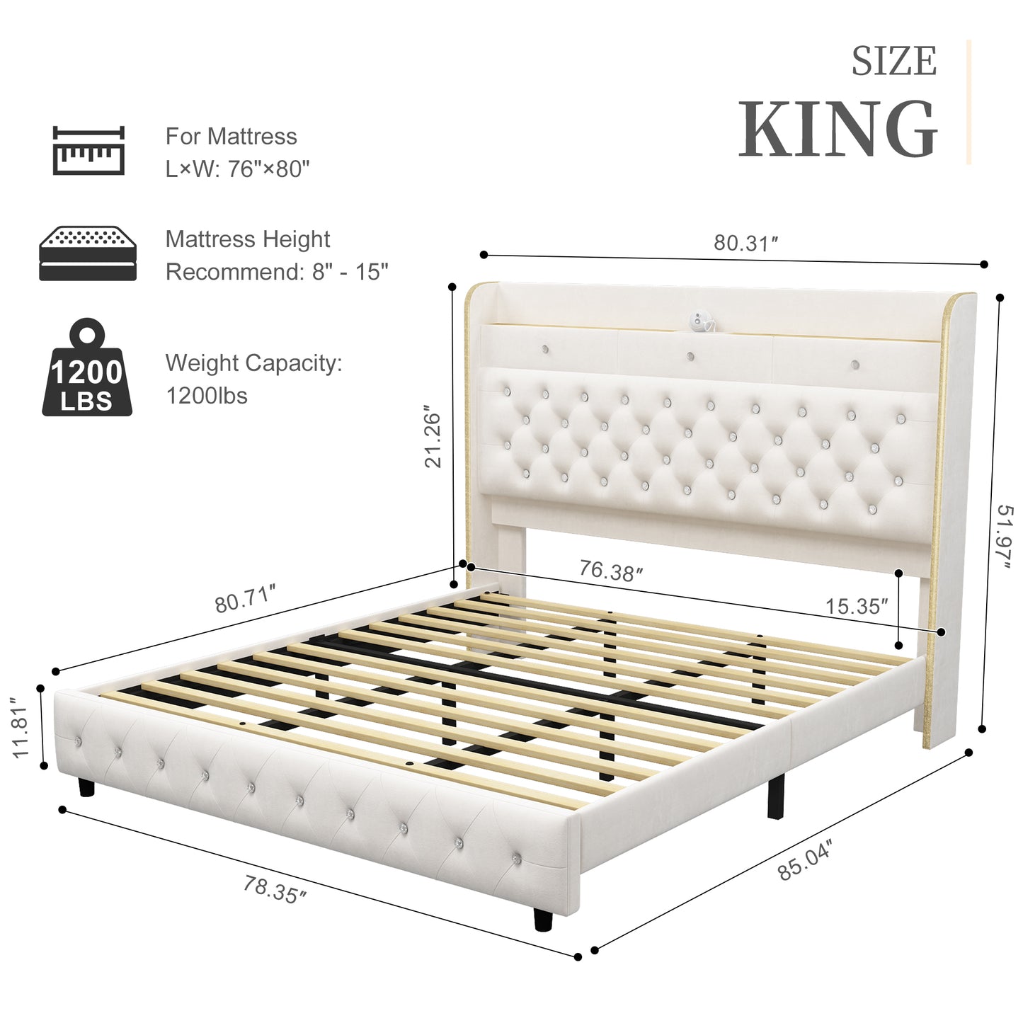 SIBEDS LED Bed Frame with Galaxy Star Projector, 52" Upholstered Headboard with Hidden Storage & Charging Station, No Box Spring Needed, Velvet Grey