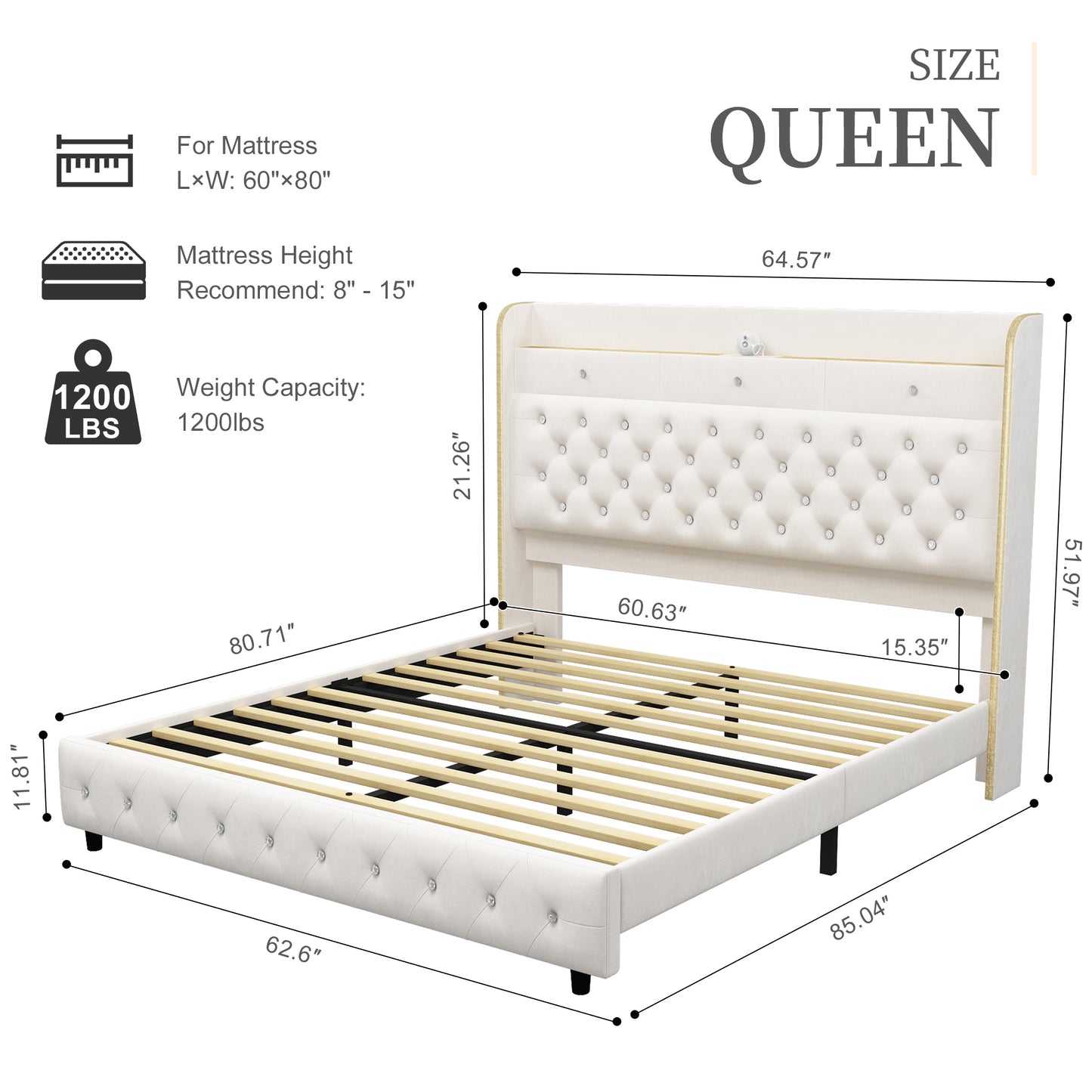 SIBEDS LED Bed Frame with Galaxy Star Projector, 52" Upholstered Headboard with Hidden Storage & Charging Station, No Box Spring Needed