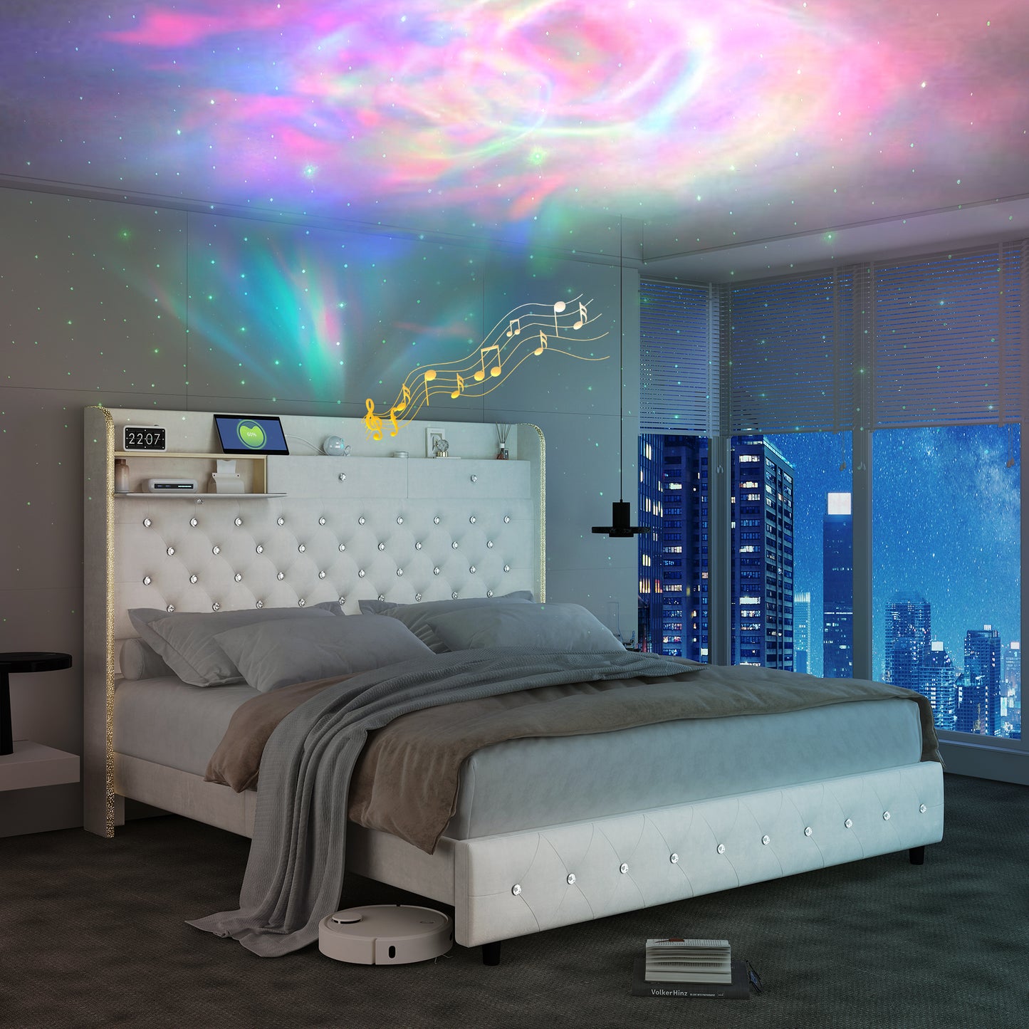 SIBEDS LED Bed Frame with Galaxy Star Projector, 52" Upholstered Headboard with Hidden Storage & Charging Station, No Box Spring Needed