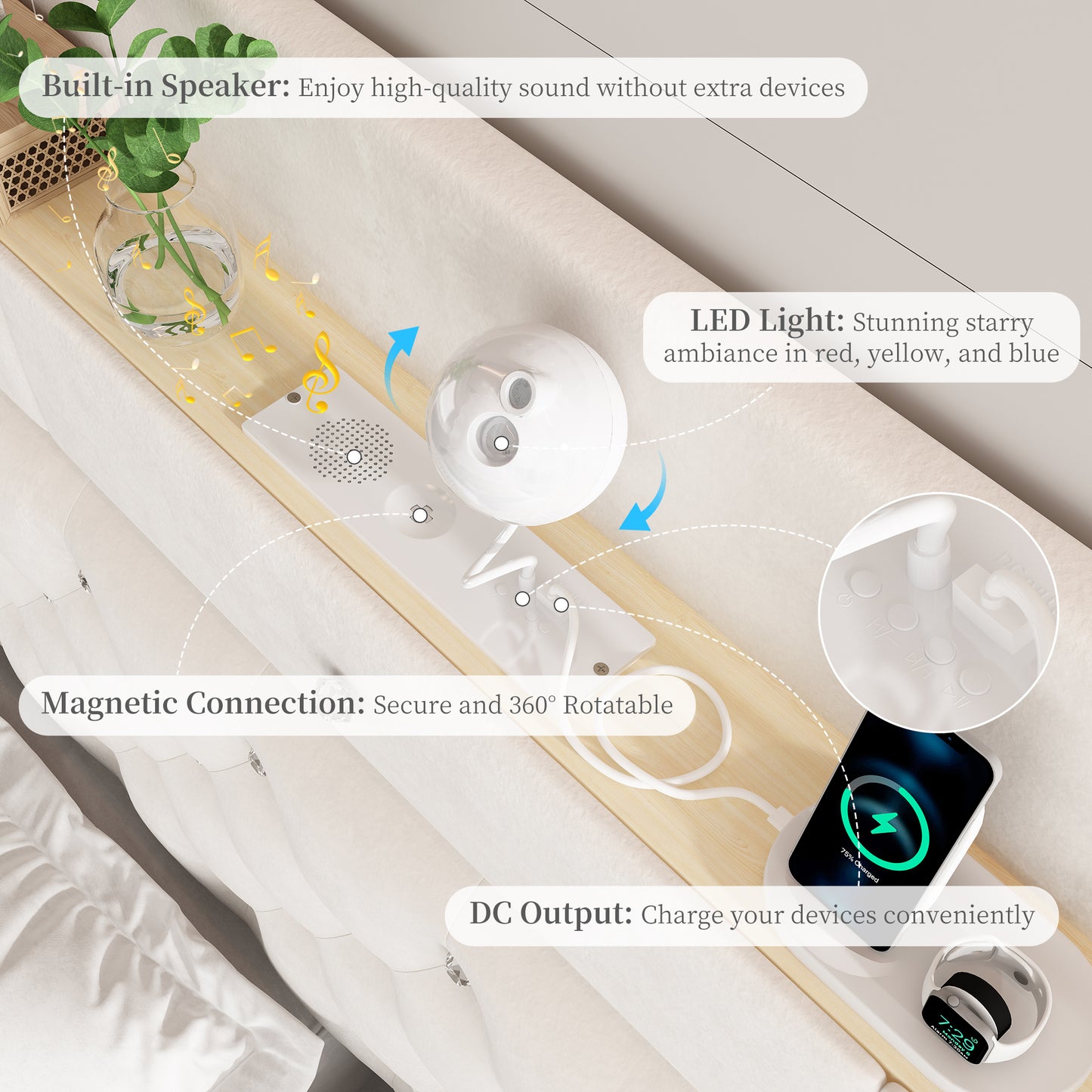 SIBEDS LED Bed Frame with Galaxy Star Projector, 52" Upholstered Headboard with Hidden Storage & Charging Station, No Box Spring Needed