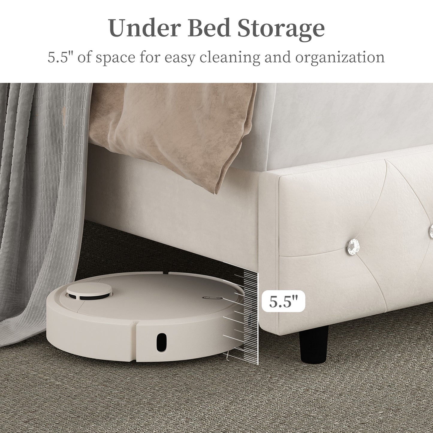 SIBEDS LED Bed Frame with Galaxy Star Projector, 52" Upholstered Headboard with Hidden Storage & Charging Station, No Box Spring Needed
