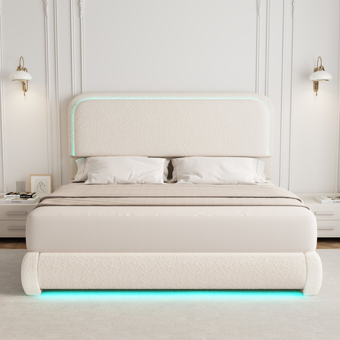 Queen Bed Frame, Teddy Fleece Curved Shaped Upholstered Bedframe with Thickened Rounded Corners, Modern Cloud Beds with Headboard Footboard LED Lights, No Box Spring Needed, Cream