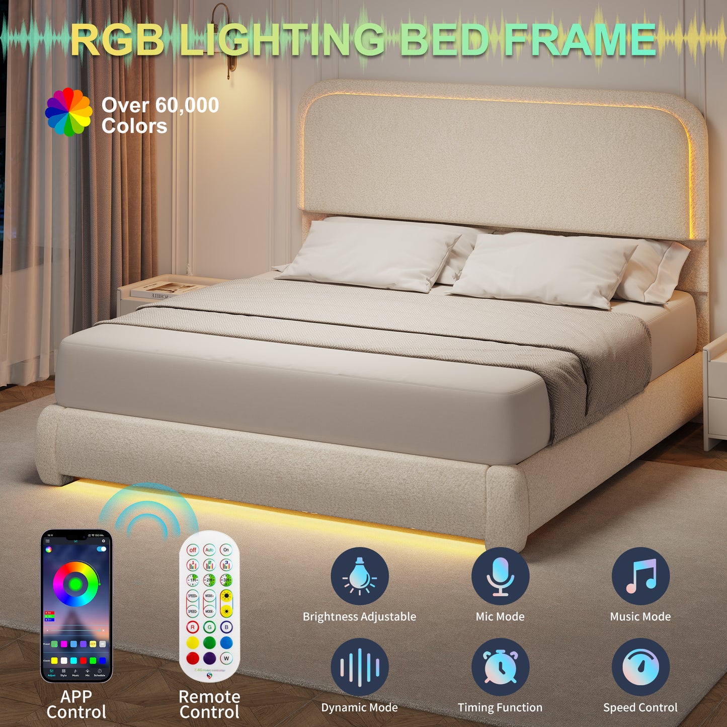 Queen Bed Frame, Teddy Fleece Curved Shaped Upholstered Bedframe with Thickened Rounded Corners, Modern Cloud Beds with Headboard Footboard LED Lights, No Box Spring Needed, Cream