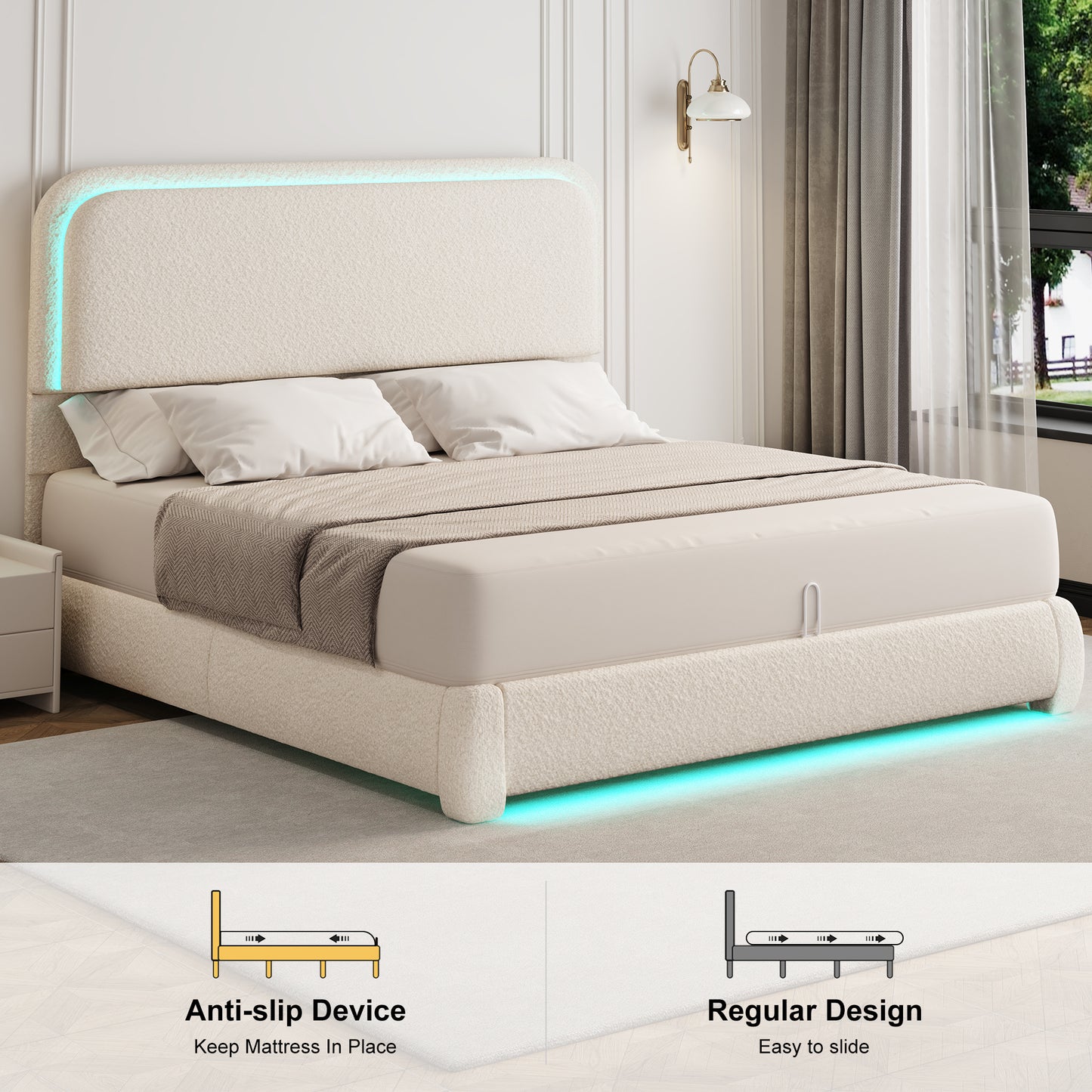 Queen Bed Frame, Teddy Fleece Curved Shaped Upholstered Bedframe with Thickened Rounded Corners, Modern Cloud Beds with Headboard Footboard LED Lights, No Box Spring Needed, Cream