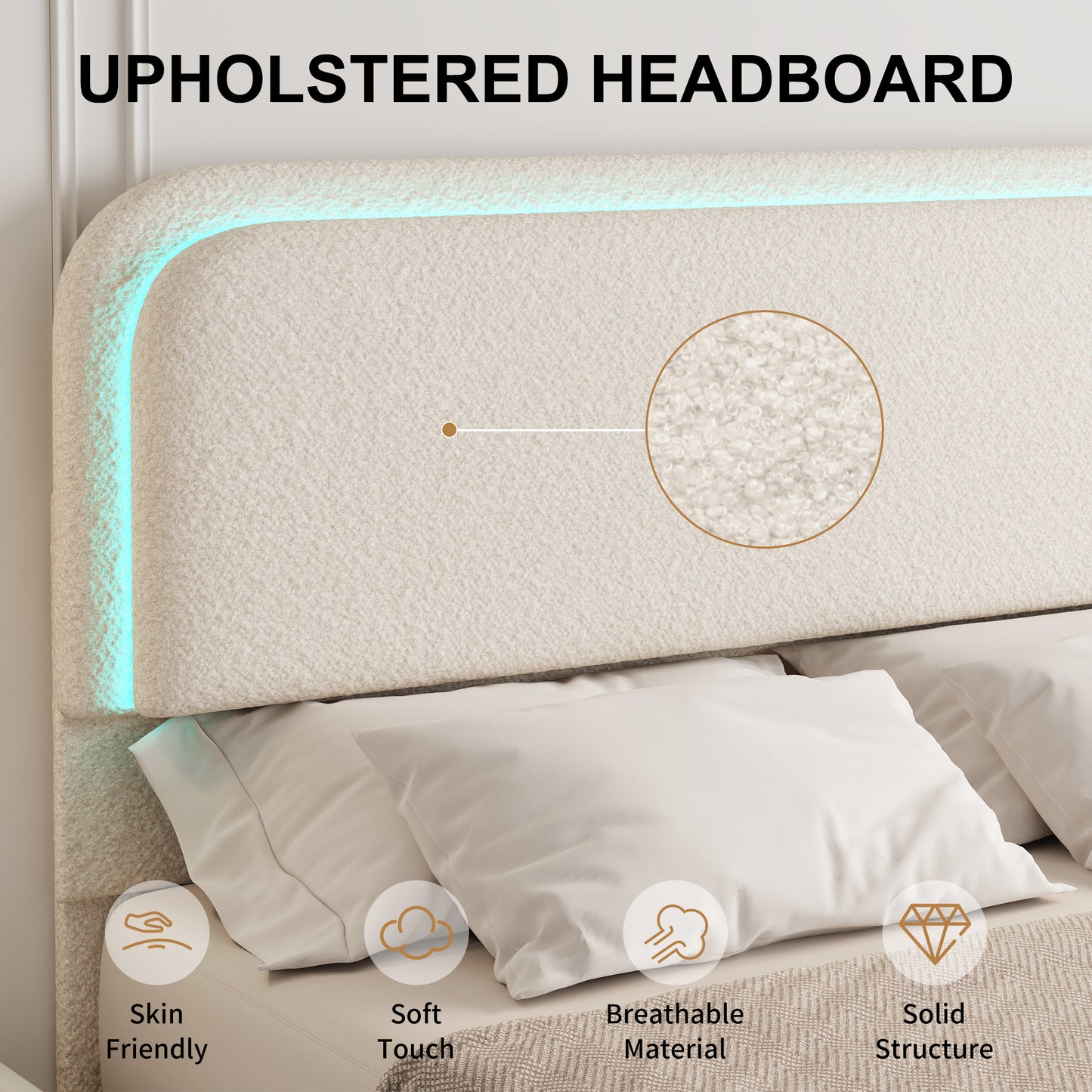 Queen Bed Frame, Teddy Fleece Curved Shaped Upholstered Bedframe with Thickened Rounded Corners, Modern Cloud Beds with Headboard Footboard LED Lights, No Box Spring Needed, Cream