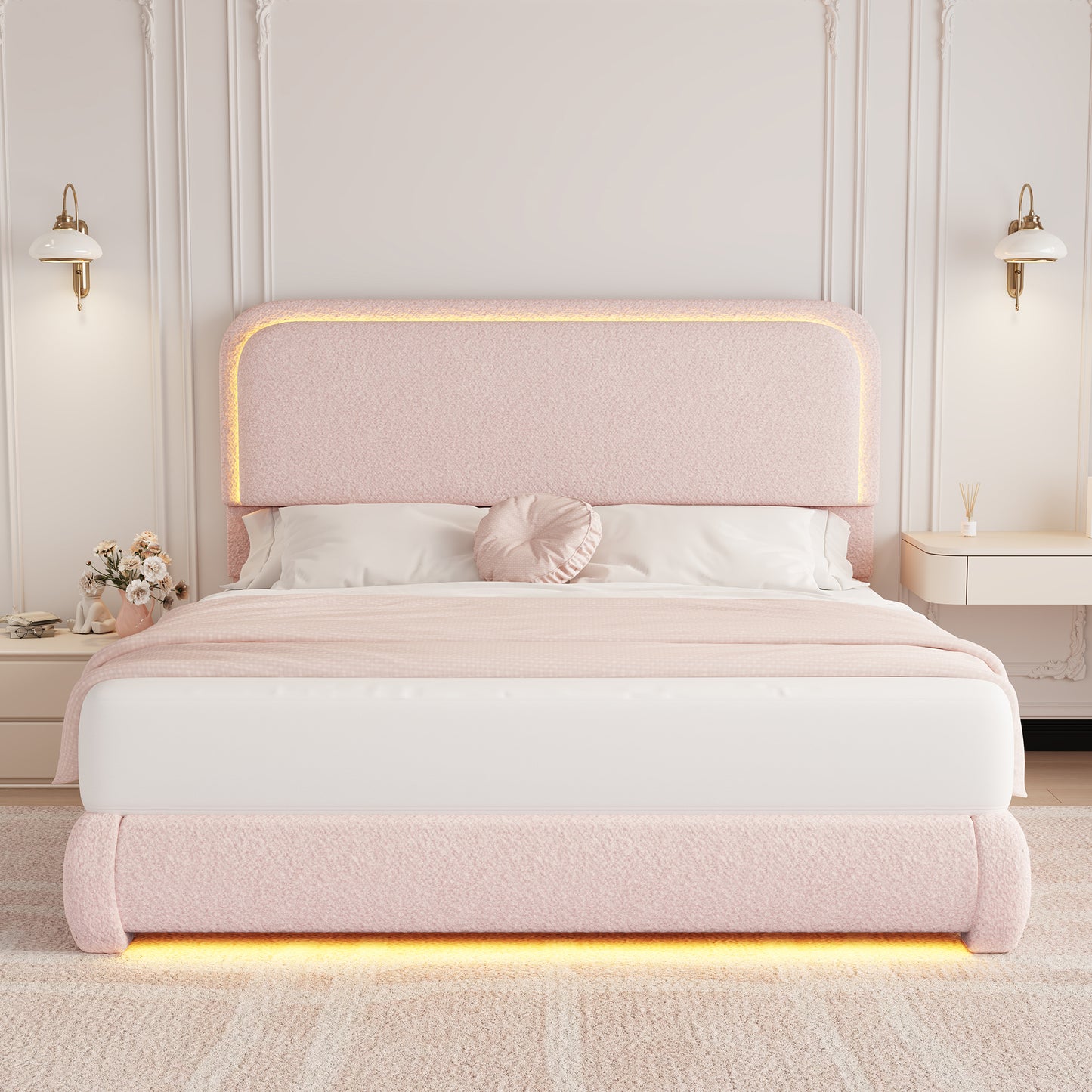 SIBEDS LED Bed Frame with Storage Drawers, King Teddy Fleece Rounded Corner Platform Bed, Upholstered Headboard, No Box Spring Needed, Easy Assembly, Pink