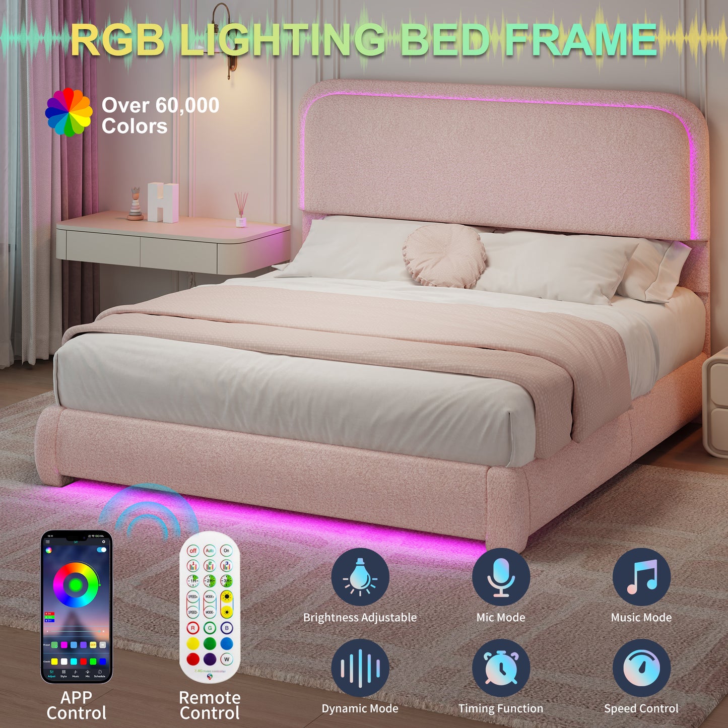 SIBEDS LED Bed Frame with Storage Drawers, King Teddy Fleece Rounded Corner Platform Bed, Upholstered Headboard, No Box Spring Needed, Easy Assembly, Pink