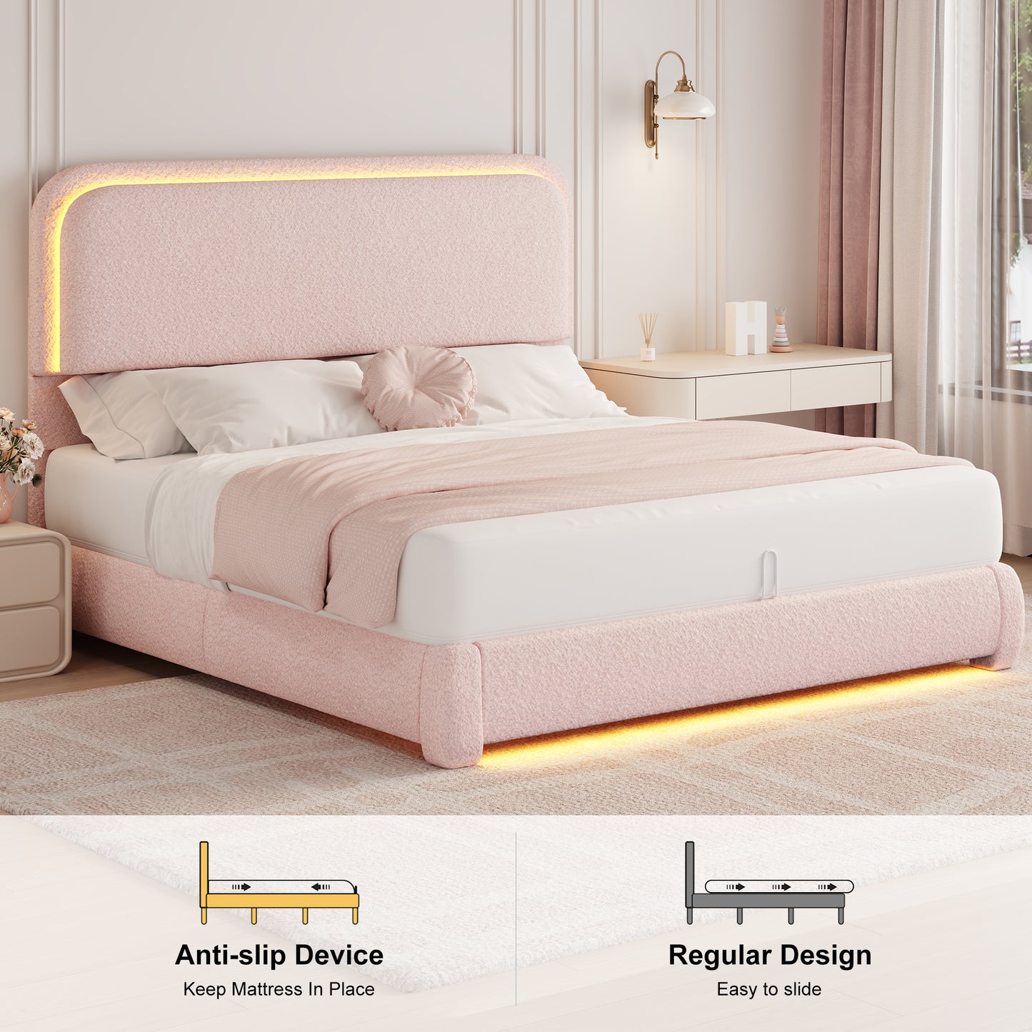SIBEDS LED Bed Frame with Storage Drawers, King Teddy Fleece Rounded Corner Platform Bed, Upholstered Headboard, No Box Spring Needed, Easy Assembly, Pink
