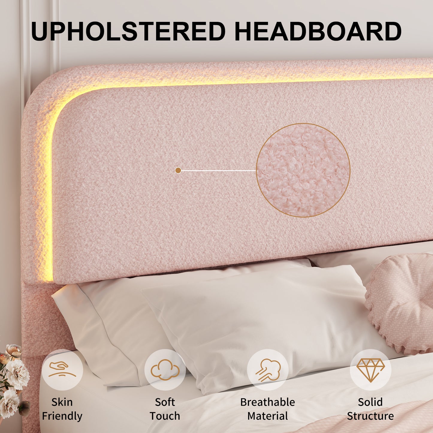 SIBEDS LED Bed Frame with Storage Drawers, King Teddy Fleece Rounded Corner Platform Bed, Upholstered Headboard, No Box Spring Needed, Easy Assembly, Pink