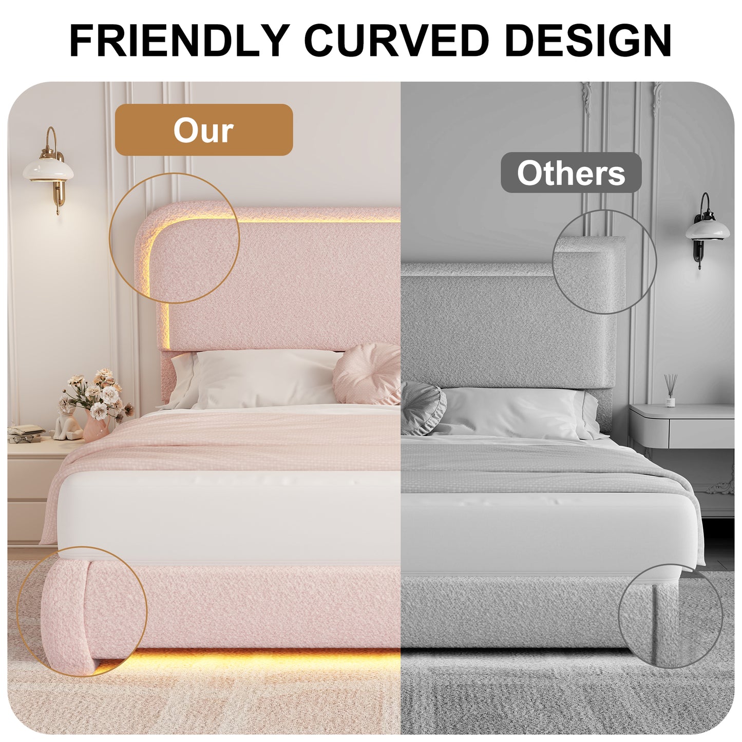 SIBEDS LED Bed Frame with Storage Drawers, King Teddy Fleece Rounded Corner Platform Bed, Upholstered Headboard, No Box Spring Needed, Easy Assembly, Pink